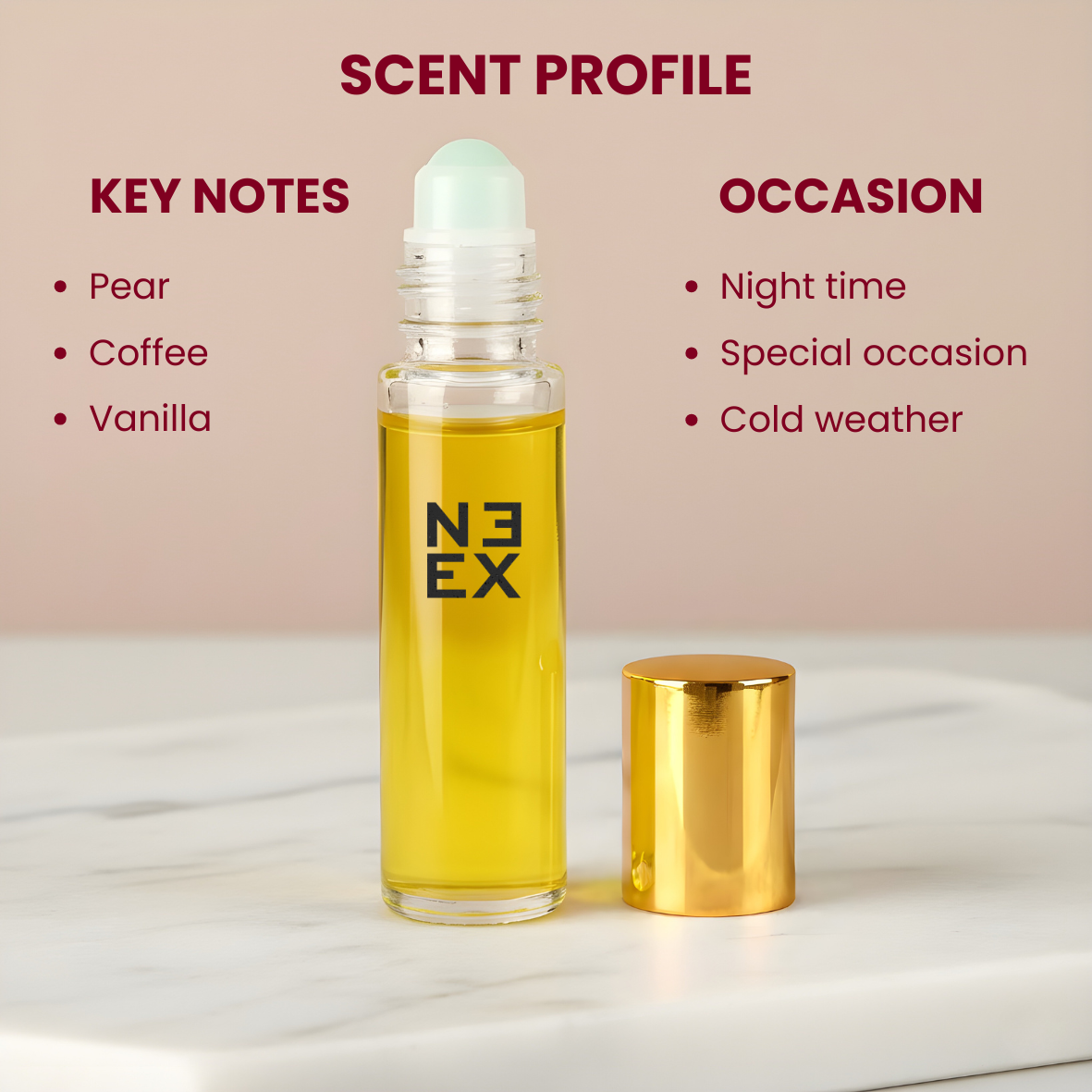 Concentrated amber vanilla perfume oil with notes of jasmine, orange blossom, and cedarwood – bold & seductive.