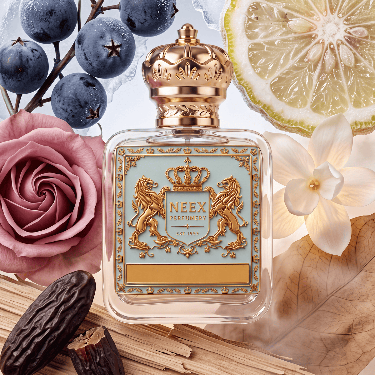 Neex Perfumery perfume bottle featuring an ornate gold crown cap and a light pastel blue crest label with gold metallic detailing, surrounded by deep blue-black berries on a woody branch, a juicy slice of citrus, a soft white blossom, a dark plum or date split open, a dusty mauve rose, and dry wooden shaving textures over a light background.
