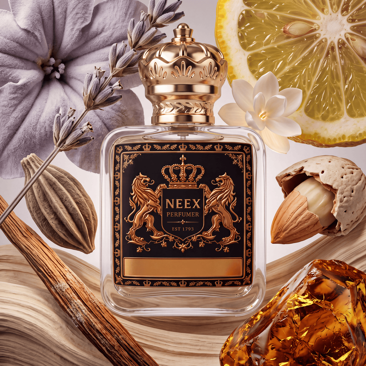 Neex Perfumery perfume bottle featuring an ornate gold crown cap and a dark black crest label with gold metallic heraldry, compositionally styled alongside a fresh slice of bergamot, sprigs of dried lavender, a white floral blossom, soft violet petals, a cracked almond shell revealing the nut inside, vanilla bean pods, light wood bark, and a large chunk of glowing golden amber resin.   