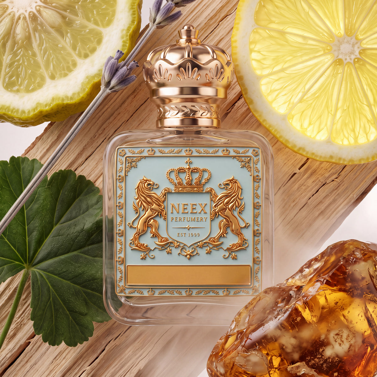 Neex Perfumery perfume bottle featuring an ornate gold crown cap and a light pastel blue crest label with gold metallic heraldry, compositionally styled alongside fresh bergamot and lemon slices, a dried lavender stalk, a dark green geranium leaf, light wood bark, and a large golden amber resin stone.   