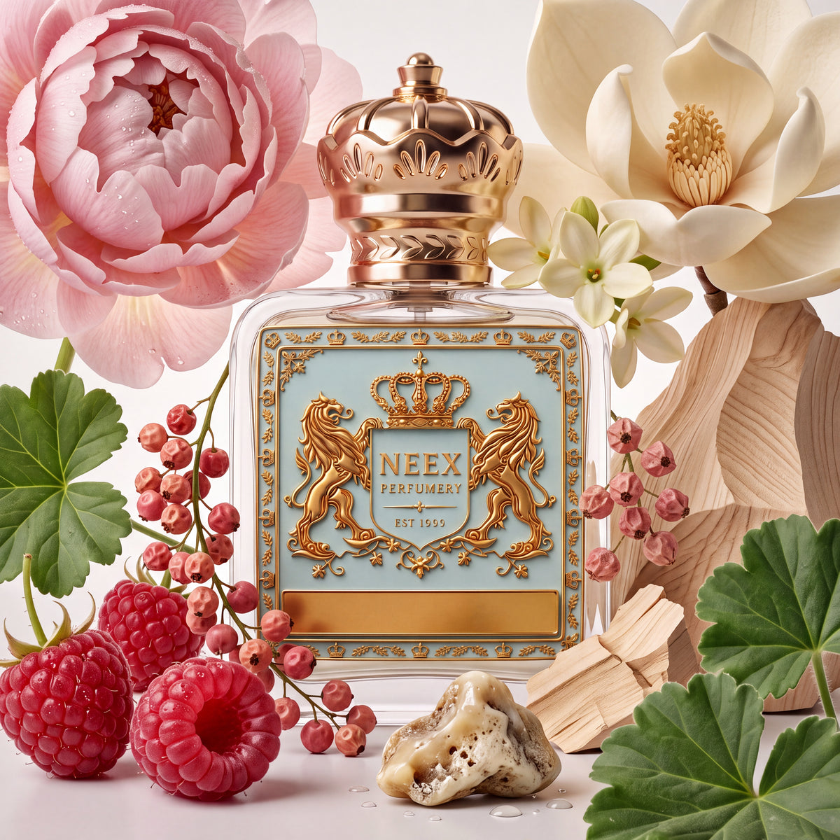 Neex Perfumery fragrance bottle styled in an ingredient flat-lay surrounded by plush pink peonies, a large white magnolia bloom, small white jasmines, plump red raspberries, red peppercorns on the stem, green leaves, blonde wood chips, and ambergris stones.