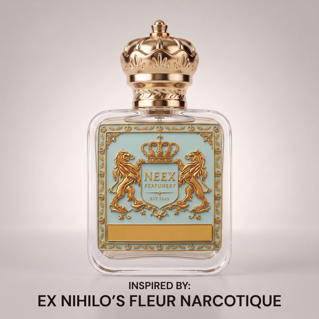Neex Perfumery perfume bottle featuring an ornate gold crown cap and light duck-egg blue crest label, centered against a clean off-white studio background with text below reading "INSPIRED BY: EX NIHILO'S FLEUR NARCOTIQUE".   