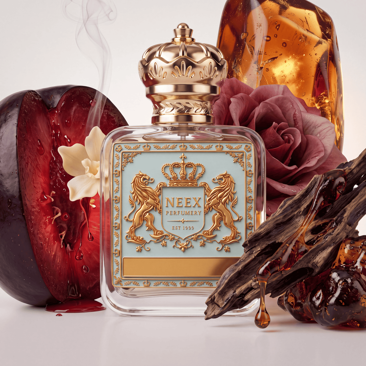 Neex Perfumery perfume bottle with light duck-egg blue crest label, styled in an ingredient flat-lay featuring a juicy halved dark plum, white blossom, dusty pink rose, agarwood, amber stones, and resin drops.   
