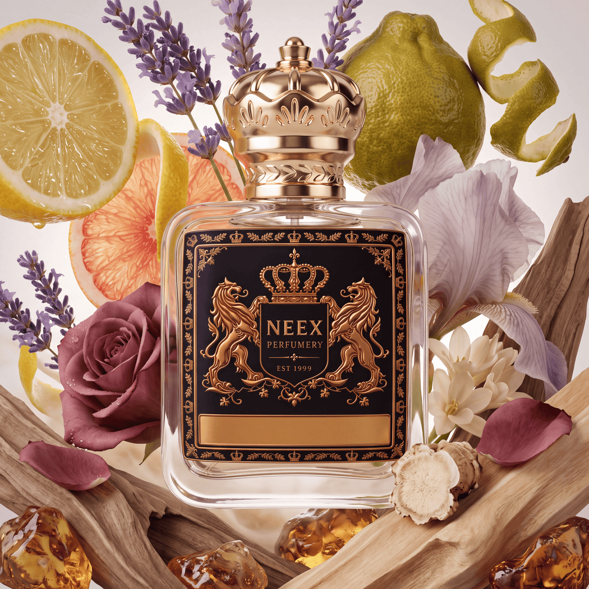 Neex Perfumery fragrance bottle with a black crest label, styled in an ingredient flat-lay featuring sliced lemon and grapefruit, a bergamot citrus with twist peel, lavender sprigs, a dusty rose, iris blossoms, amber resin, and weathered driftwood blocks.