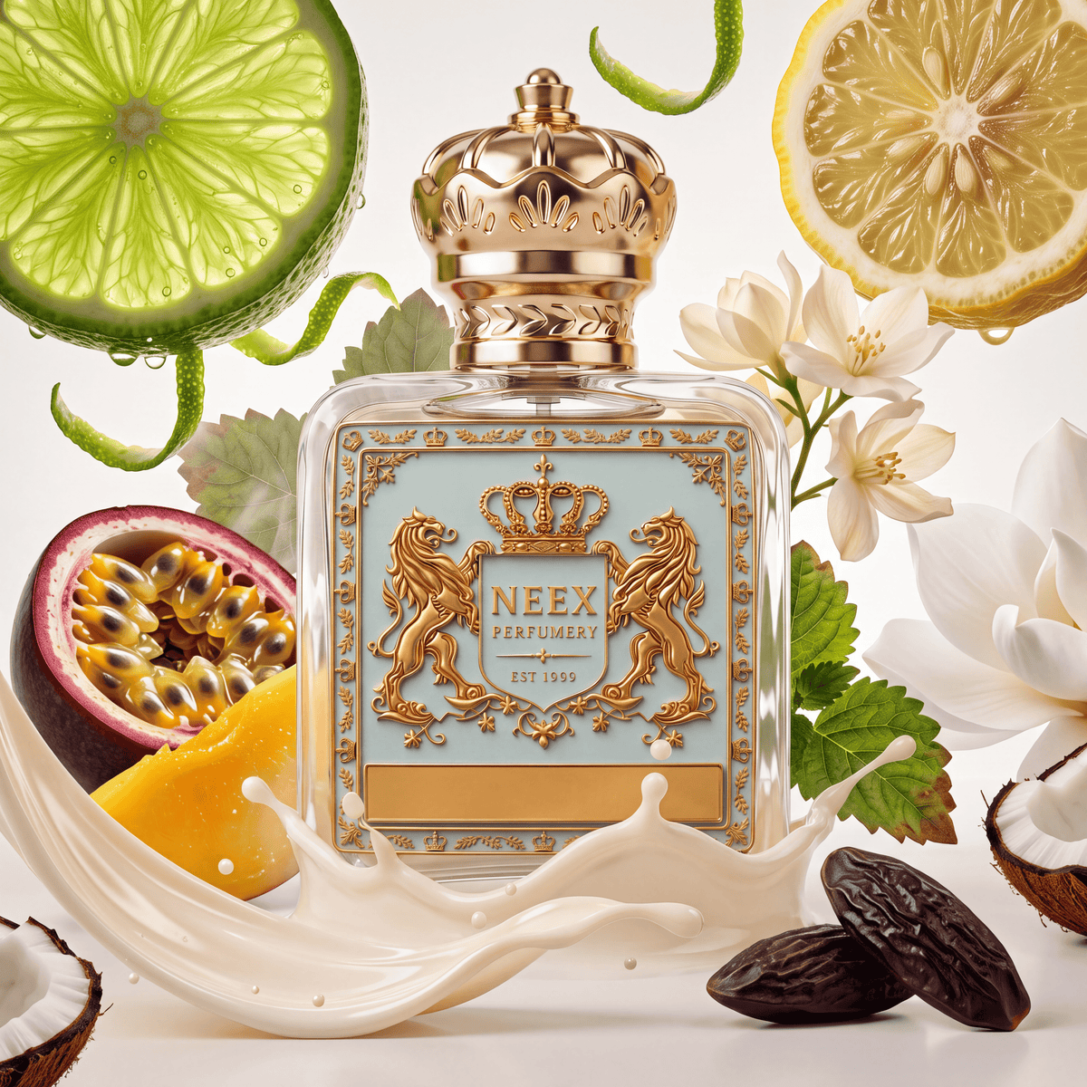 Neex Perfumery fragrance bottle styled in an ingredient flat-lay framed by large citrus slices of lime and lemon, a halved passion fruit, a slice of mango, small white jasmines, a white magnolia, cracked coconut shells, tonka beans, and splashes of creamy milk liquid.