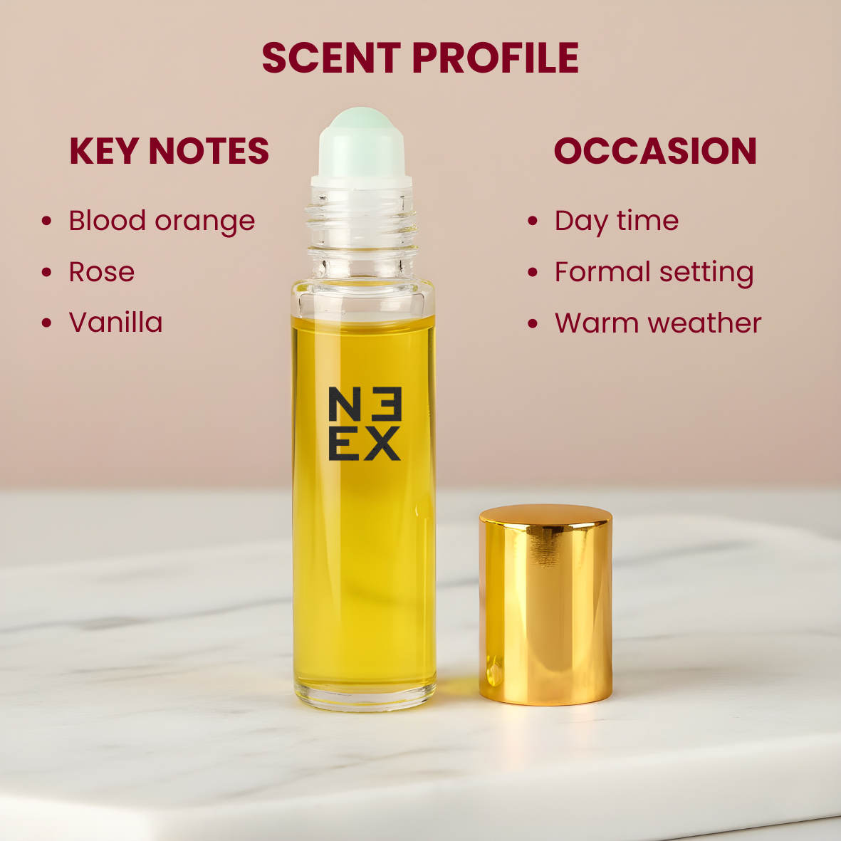 Concentrated amber floral perfume oil with notes of damask rose and pink pepper – luxurious & bright.