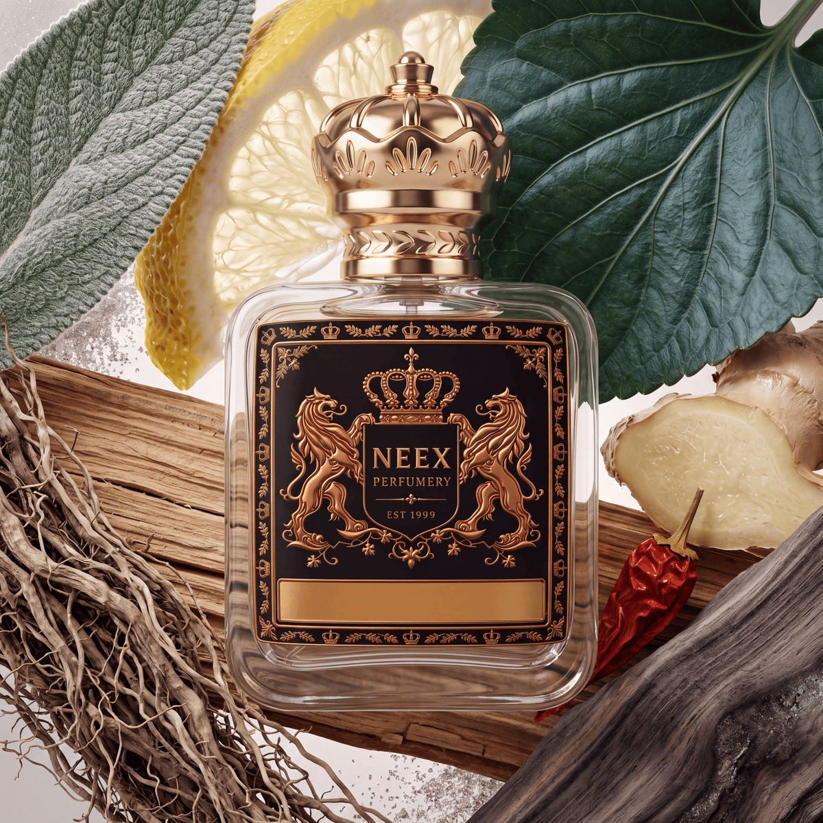 Neex Perfumery perfume bottle featuring an ornate gold crown cap and a jet-black crest label with gold metallic detailing, set against raw accord elements including a slice of lemon, fuzzy sage leaves, a deep green heart-shaped leaf, a piece of fresh ginger root, a dried red chili pepper, dried roots, and aged weathered wood.   
