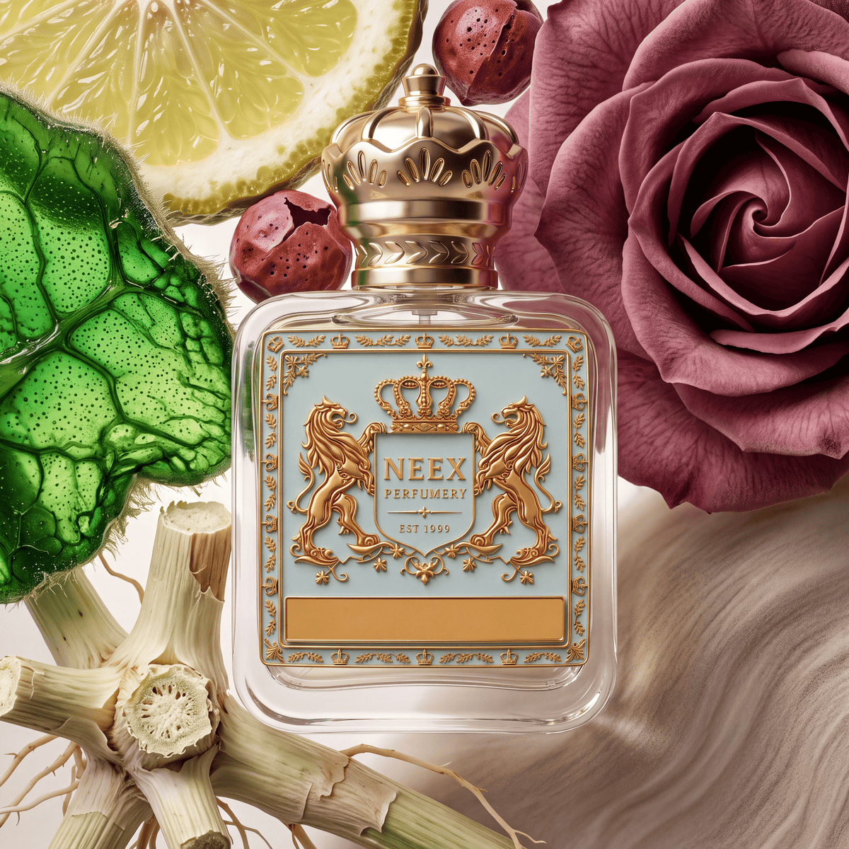 Neex Perfumery perfume bottle topped with an ornate gold crown cap and featuring a light pastel blue crest label with gold metallic heraldry, surrounded by a sliced citrus wheel, small red seed pods, a textured green leaf, a vibrant mauve rose bloom, and branching pale root fibers.   