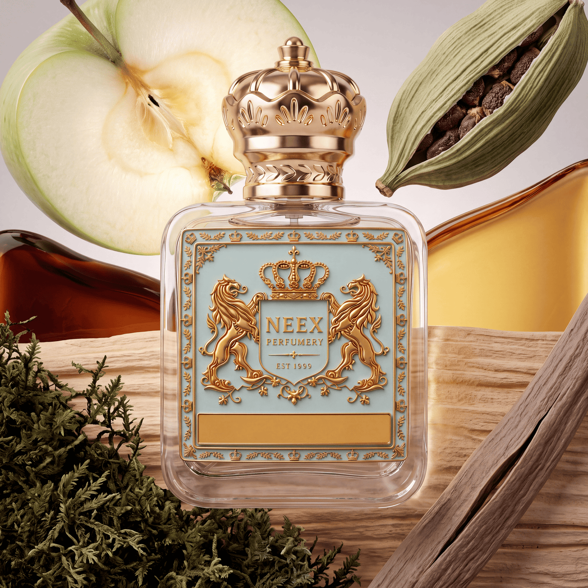 Neex Perfumery perfume bottle featuring an ornate gold crown cap and a light pastel blue crest label with gold metallic detailing, framed by accord elements including a sliced green apple, an open cardamom pod exposing black seeds, dark amber glass, golden liquor fluid, a bed of green moss, and textured dry wood timber.   