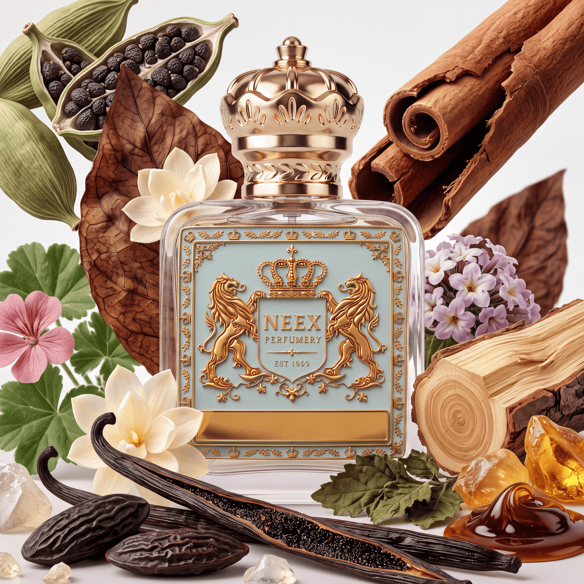 Neex Perfumery fragrance bottle with a light duck-egg blue crest label, styled in an ingredient flat-lay surrounded by green cardamom pods, cinnamon sticks, dry tobacco leaves, white gardenia blossoms, pink geranium flowers, purple lilac clusters, patchouli leaves, sandalwood log pieces, rich amber resin, split vanilla pods, tonka beans, and sweet labdanum syrup.