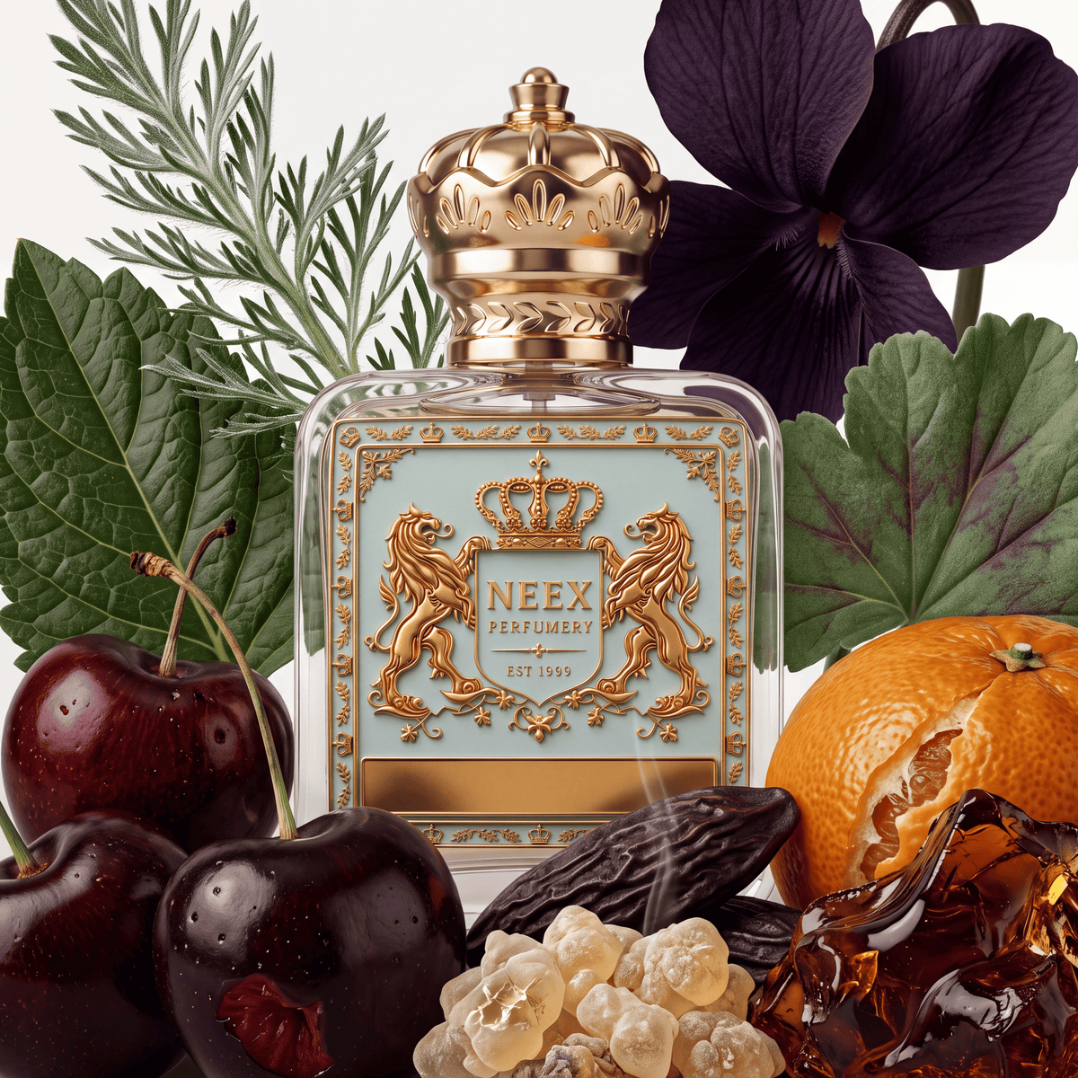 Neex Perfumery perfume bottle featuring an ornate gold crown cap and black crest label, arranged in a flat-lay composition with a whole fresh orange, green sage leaf, purple iris flower, dark leather fabric, vanilla beans, and tonka beans.