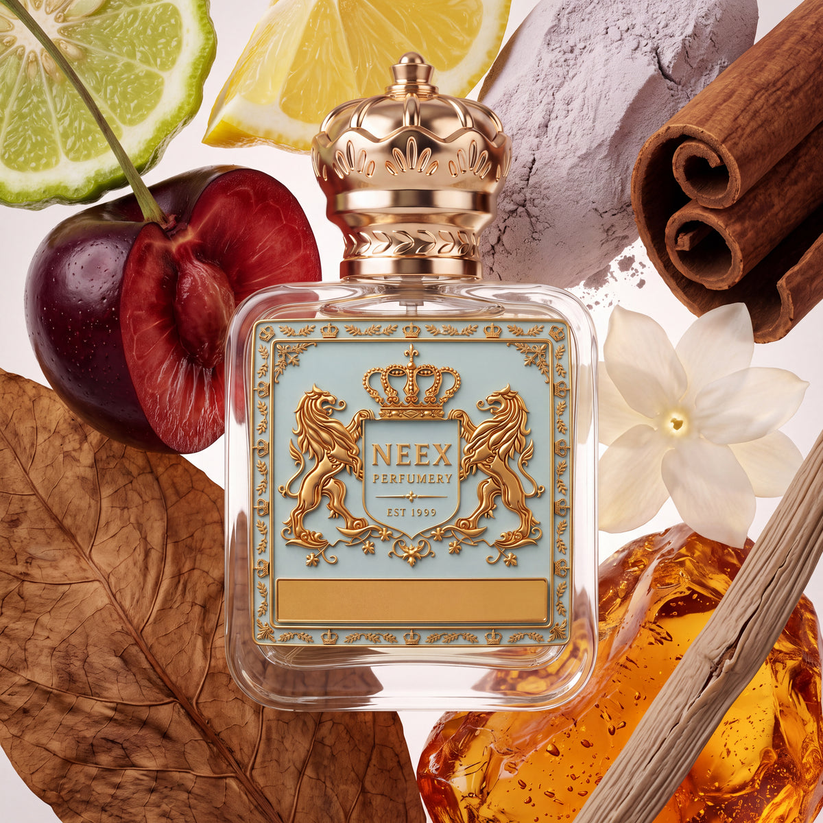 Neex Perfumery perfume bottle featuring an ornate gold crown cap and a light pastel blue crest label with gold metallic heraldry, compositionally styled alongside a sliced lime, a lemon wedge, a sliced dark red cherry, dried brown leaves, aromatic cinnamon sticks, fine grey powder, a white blossom, whole vanilla bean pods, and golden amber resin.