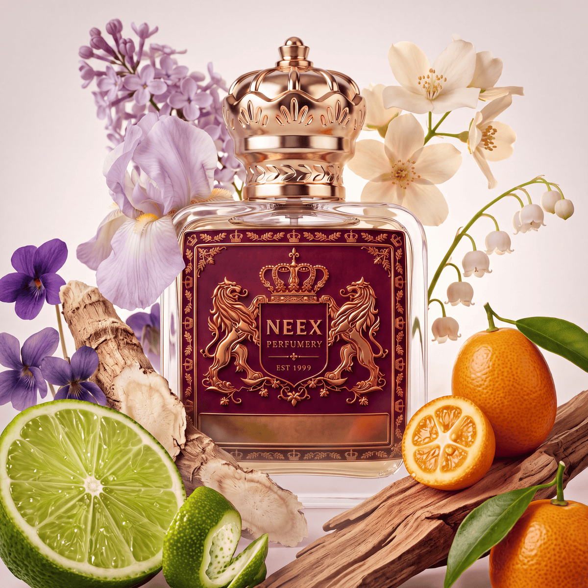 Neex Perfumery fragrance bottle featuring a deep burgundy crest label, surrounded by sliced lime, kumquats, purple iris, lily of the valley, white jasmine blossoms, and orris root resting on natural wood.   
