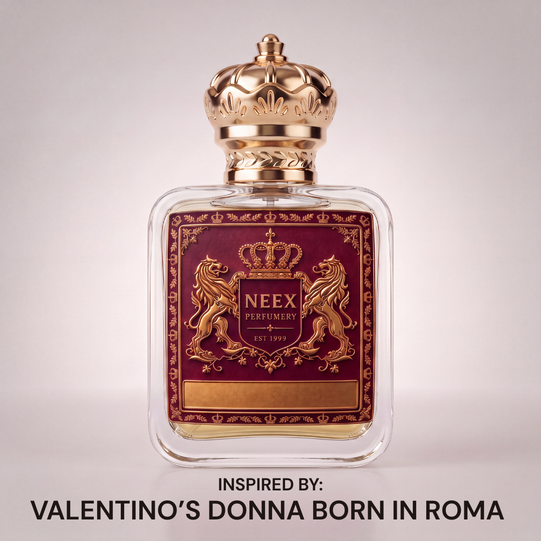 Neex Perfumery perfume bottle featuring an ornate gold crown cap and deep burgundy crest label, centered against a clean off-white studio background with text below reading "INSPIRED BY: VALENTINO'S DONNA BORN IN ROMA".