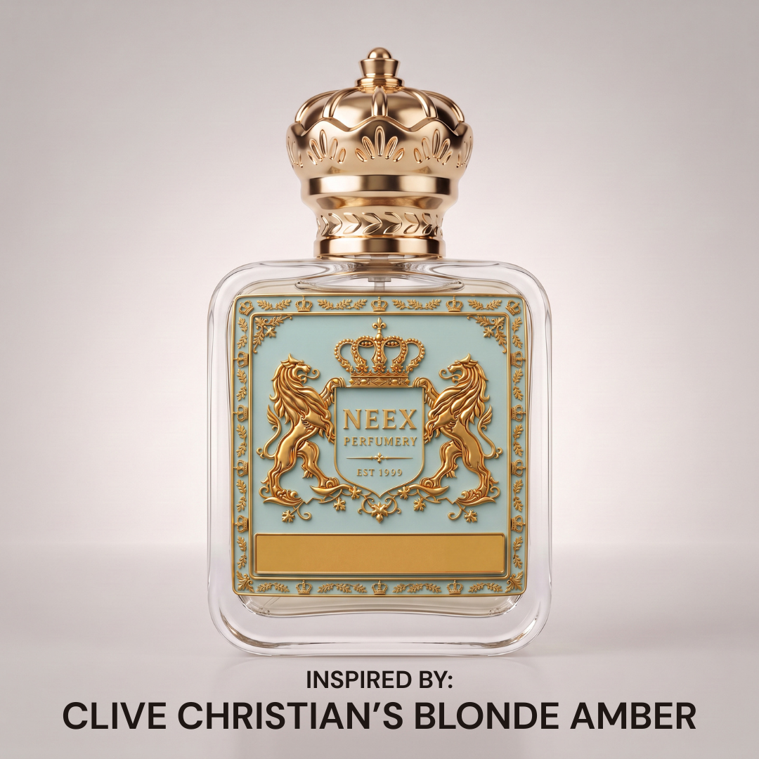 Neex Perfumery perfume bottle featuring an ornate gold crown cap and a light pastel blue crest label with gold metallic detailing and lions heraldry, set against a clean off-white studio background with bold black text at the bottom reading "INSPIRED BY: CLIVE CHRISTIAN'S BLONDE AMBER".