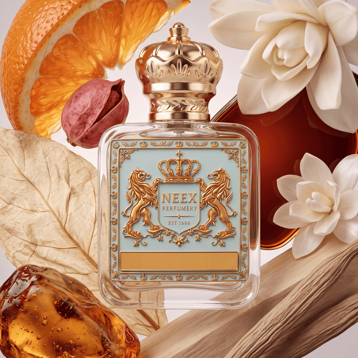Neex Perfumery perfume bottle featuring an ornate gold crown cap and a light pastel blue crest label with gold metallic heraldry, compositionally styled alongside a slice of juicy orange, a whole nutmeg seed, lush white floral blossoms, dried light leaves, rich amber resin, and smooth driftwood logs.   