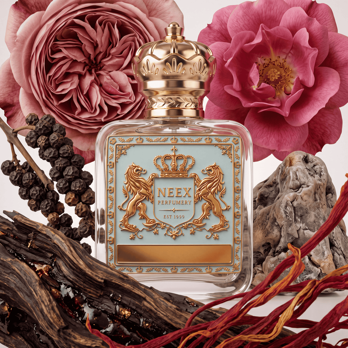 Neex Rosarium fragrance bottle styled in an ingredient flat-lay featuring lush blooming pink roses, natural agarwood chips (oud), dried black peppercorns, raw mineral rock, and delicate strands of saffron.