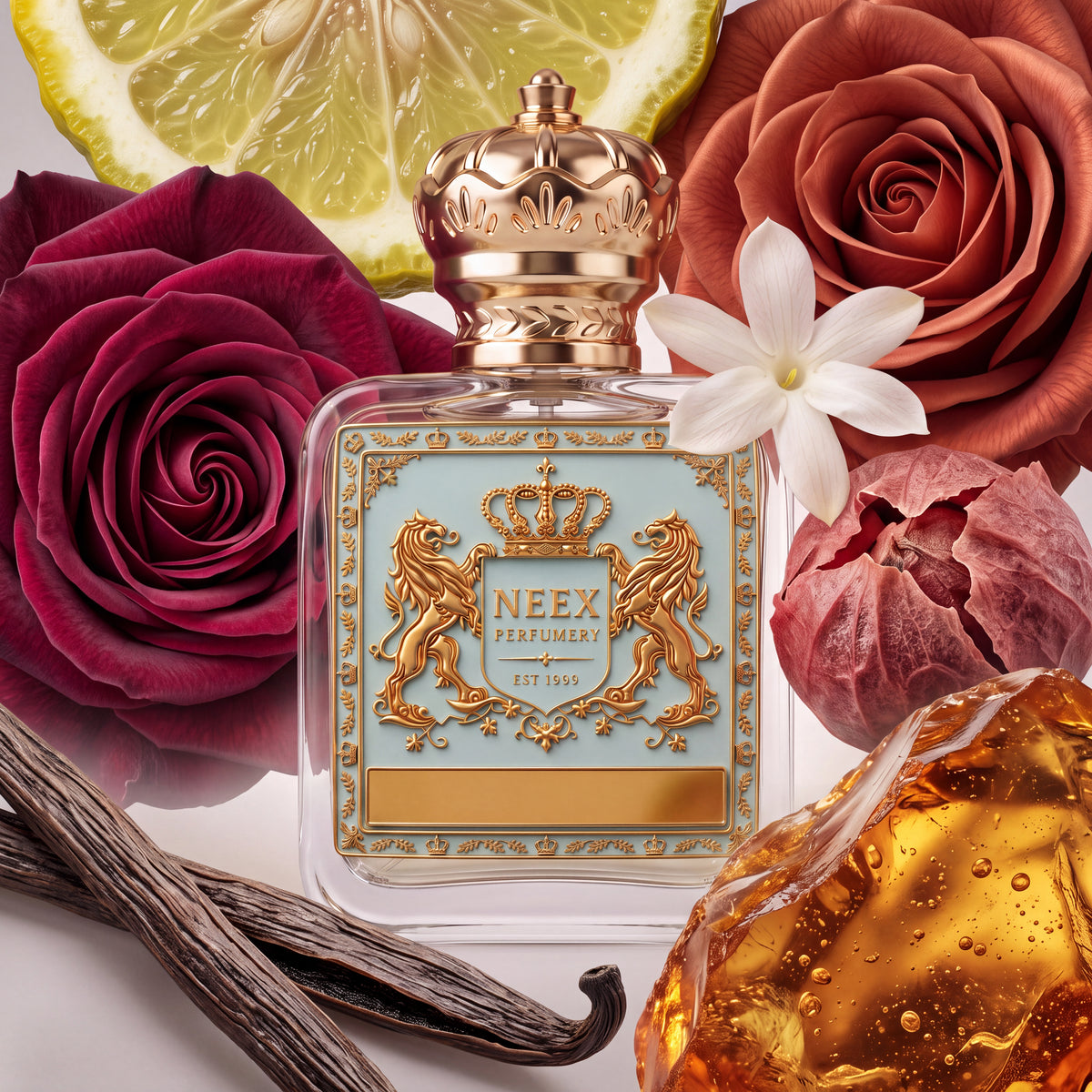 Neex Perfumery perfume bottle featuring an ornate gold crown cap and a light pastel blue crest label with gold metallic heraldry, compositionally styled alongside a fresh slice of bergamot, a dark crimson rose, a dusty rose-toned bloom, a delicate white star jasmine flower, a dried papery husk, dark vanilla bean pods, and a glowing piece of golden amber resin.