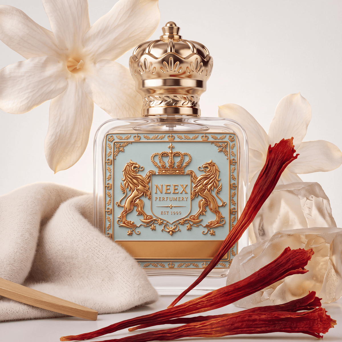 Neex Perfumery fragrance bottle with a light duck-egg blue crest label, styled in an ingredient flat-lay featuring vibrant red saffron threads in the foreground, delicate white jasmine blossoms behind, raw translucent amber chunks, a strip of natural wood, and draped soft off-white cashmere fabric.