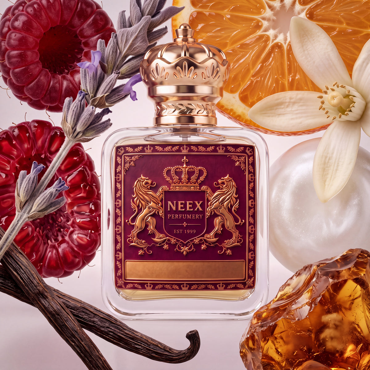 Neex Perfumery perfume bottle topped with an ornate gold crown cap and featuring a deep burgundy-red crest label with gold metallic heraldry, surrounded by plump crimson raspberries, dried lavender stalks, a sliced citrus wheel, a white neroli blossom, a smooth pearlescent orb, split vanilla pods, and a large chunk of glowing amber resin.   