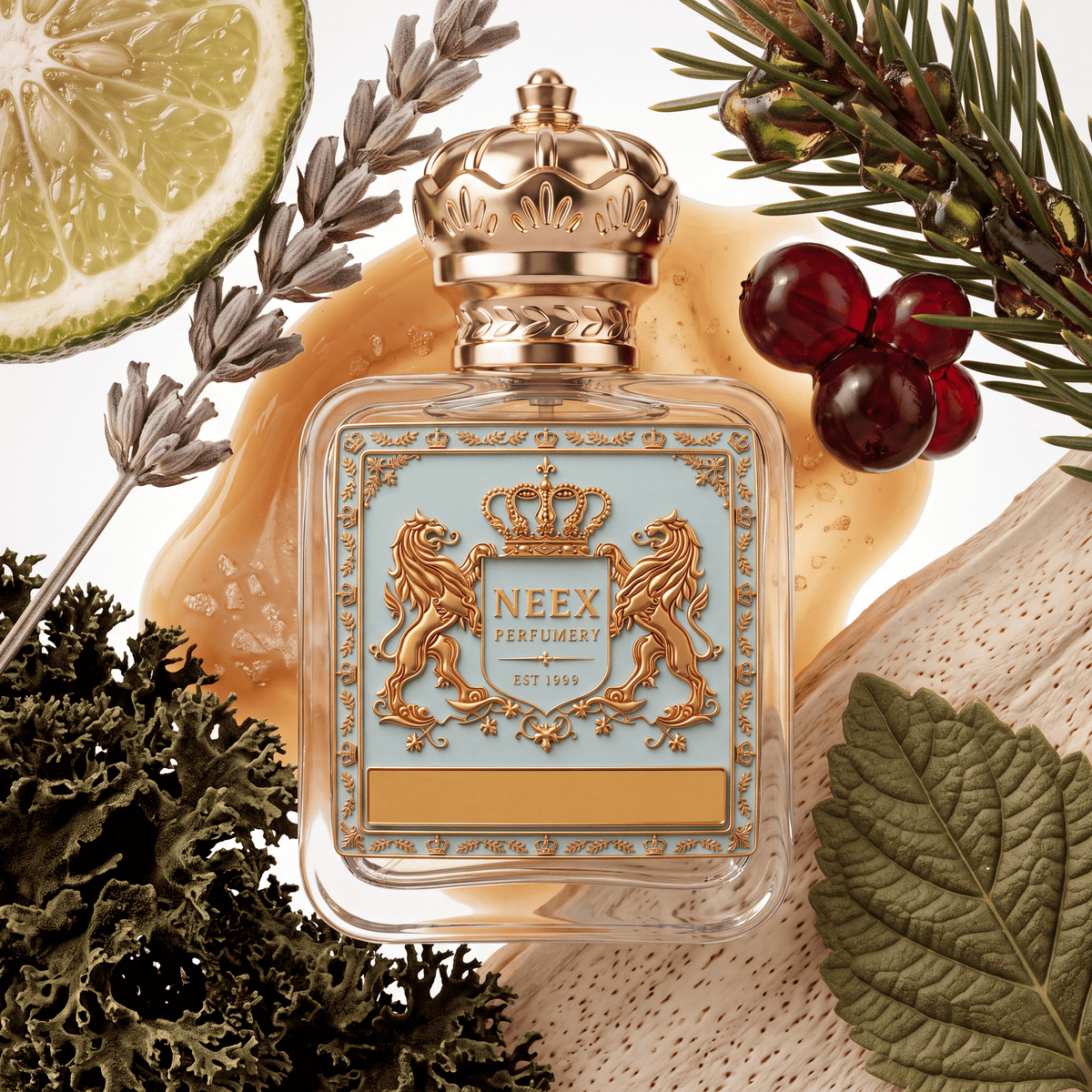 Neex Perfumery perfume bottle featuring an ornate gold crown cap and a light pastel blue crest label with gold metallic heraldry, compositionally styled alongside a fresh bergamot slice, a sprig of dried lavender, evergreen pine needles, deep red juniper berries, textured green moss, a veined leaf, light wood, and a golden amber liquid swirl.