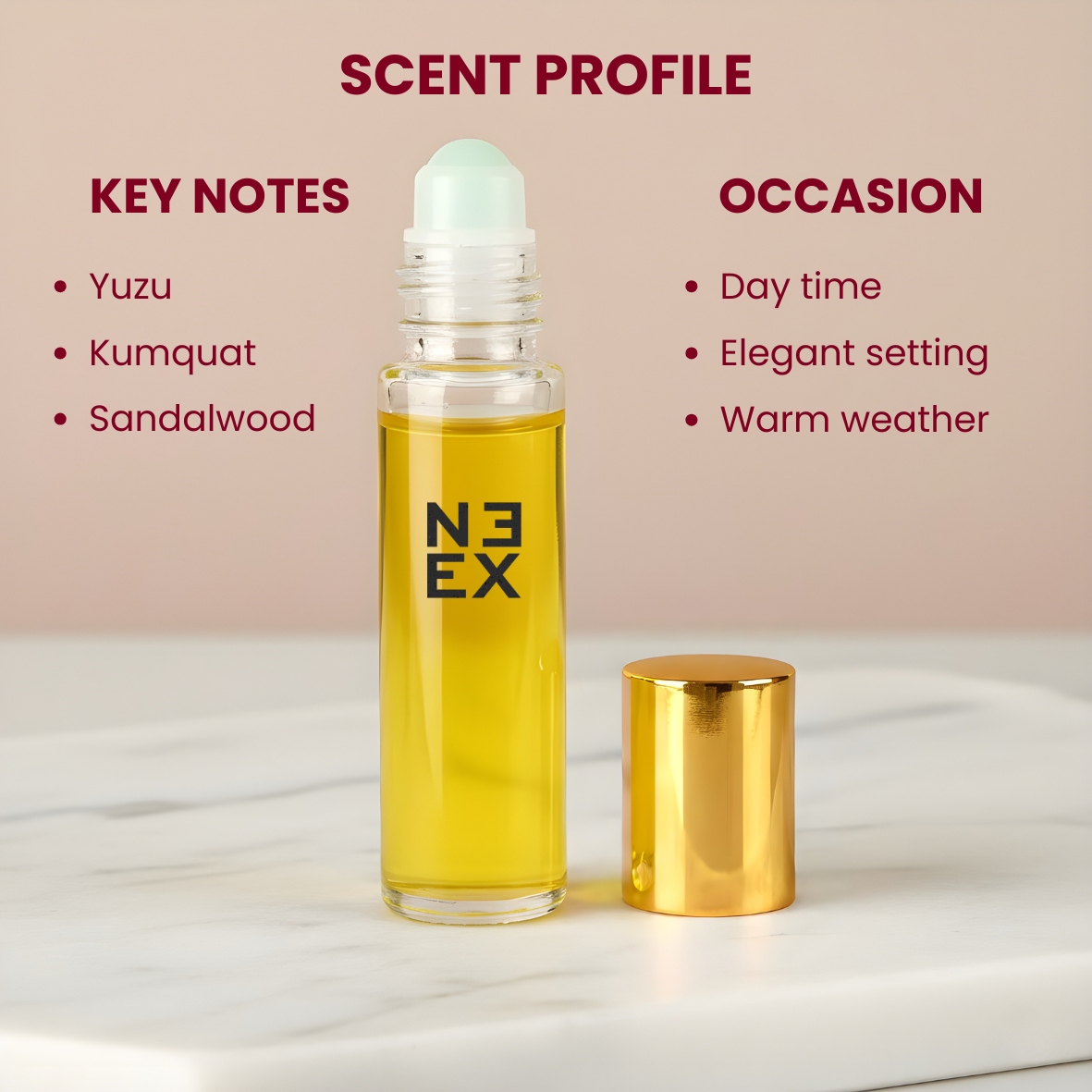 Concentrated floral fruity perfume oil with notes of bright yuzu, soft morning blossoms, and light musk – intimate & clean.