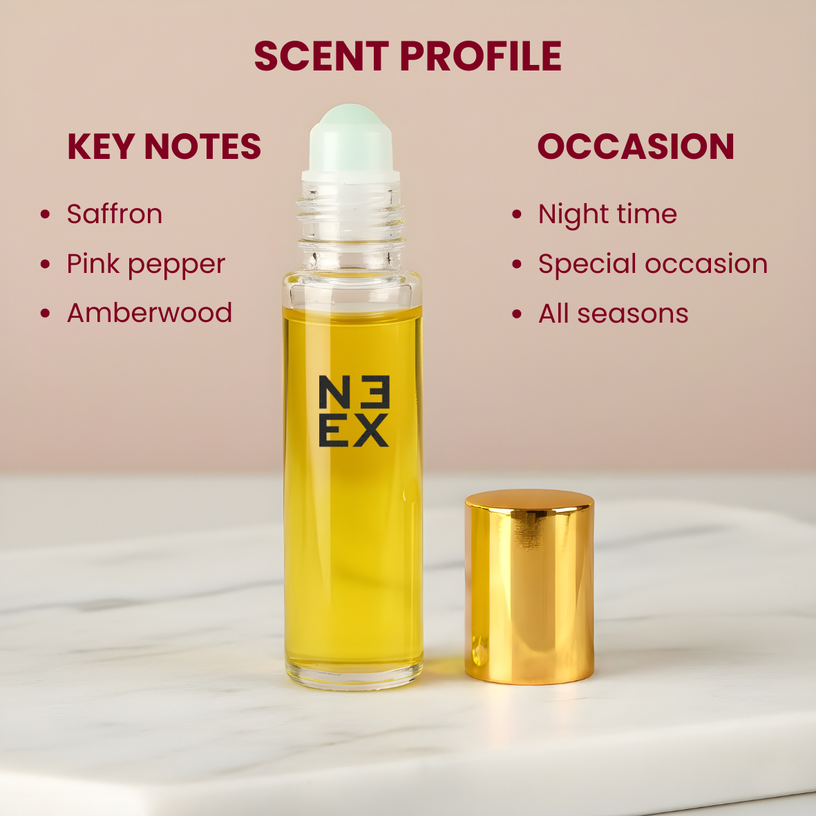 Luxury rose fragrance oil with saffron, pink pepper, and amberwood – velvety & majestic.