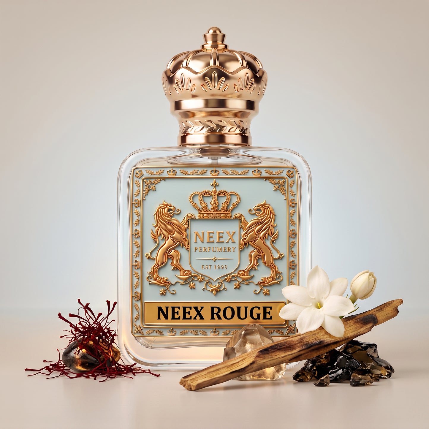 A clear glass perfume bottle labeled NEEX ROUGE with a gold-toned crown cap, pale blue label, and ornate gold crest featuring two lions. The bottle is styled on a light neutral surface with a white flower, dark stones, and dried botanicals in front. Luxury fragrance with saffron, amberwood, cedar – radiant & long-lasting.