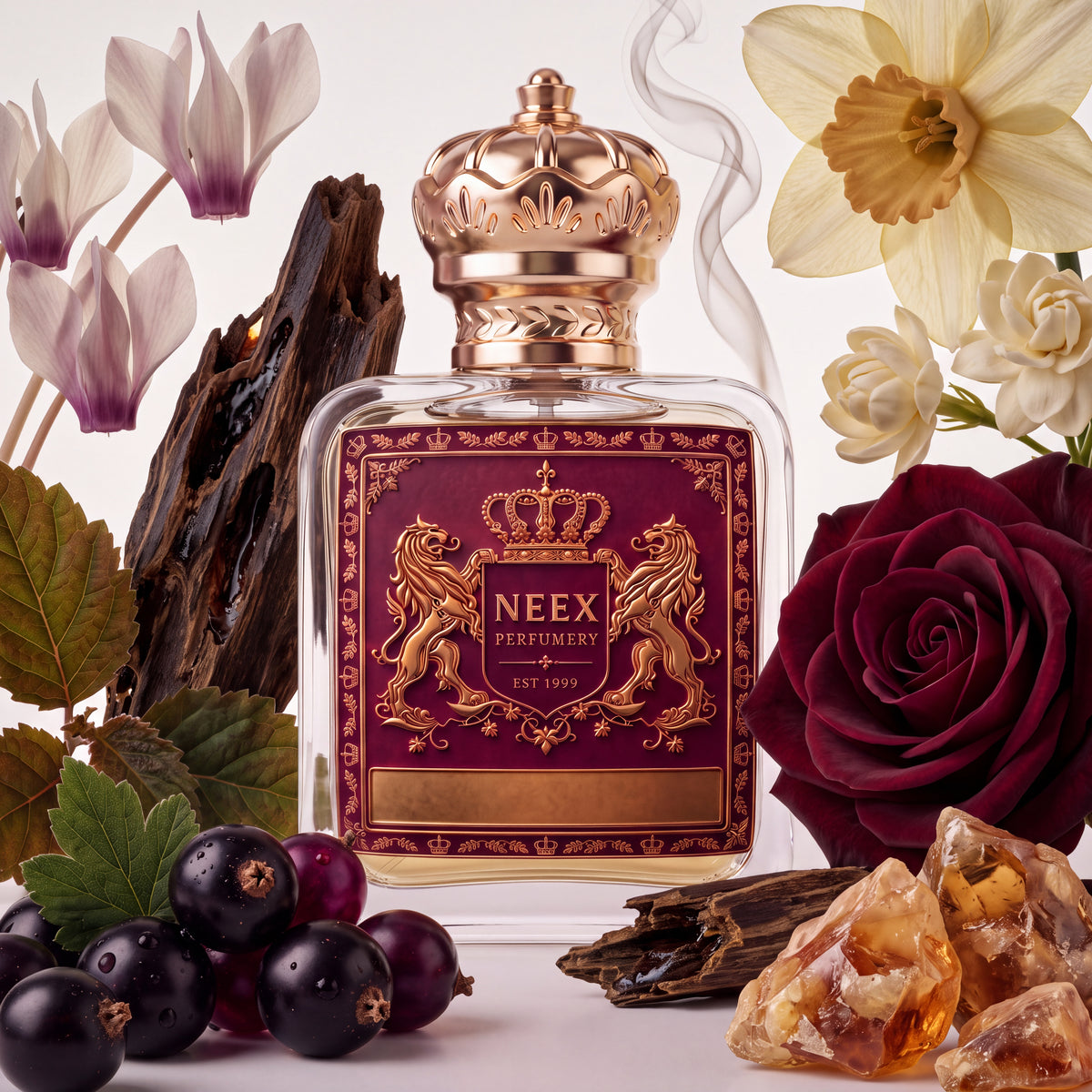Neex Perfumery fragrance bottle with a maroon crest label, styled in an ingredient flat-lay framed by a velvety deep red rose bloom, pale cyclamen flowers, a large yellow narcissus, small white jasmines, glossy blackcurrants, dark wood bark, and amber resin crystals.
