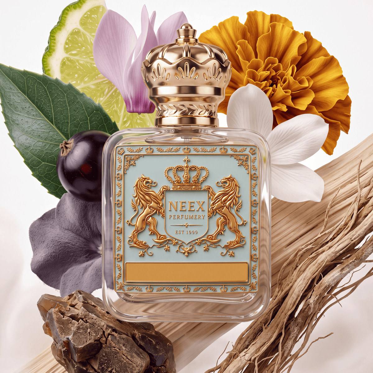 Neex Perfumery perfume bottle topped with an ornate gold crown cap and featuring a light pastel blue crest label with gold metallic heraldry, surrounded by a sliced citrus wheel, a green leaf, a pale pink petal, a dark round fruit, a vibrant yellow-orange marigold flower, a white floral bloom, a textured purple flower, weathered wood pieces, a rough crystal formation, and tangled fibrous roots.   