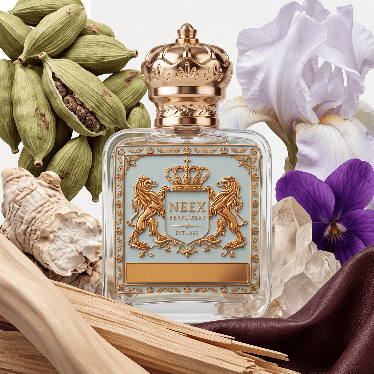 Neex Perfumery perfume bottle featuring an ornate gold crown cap and a light pastel blue crest label with gold metallic detailing, surrounded by raw sandalwood shavings, green cardamom pods, iris, violet blossoms, quartz crystals, and deep brown leather.