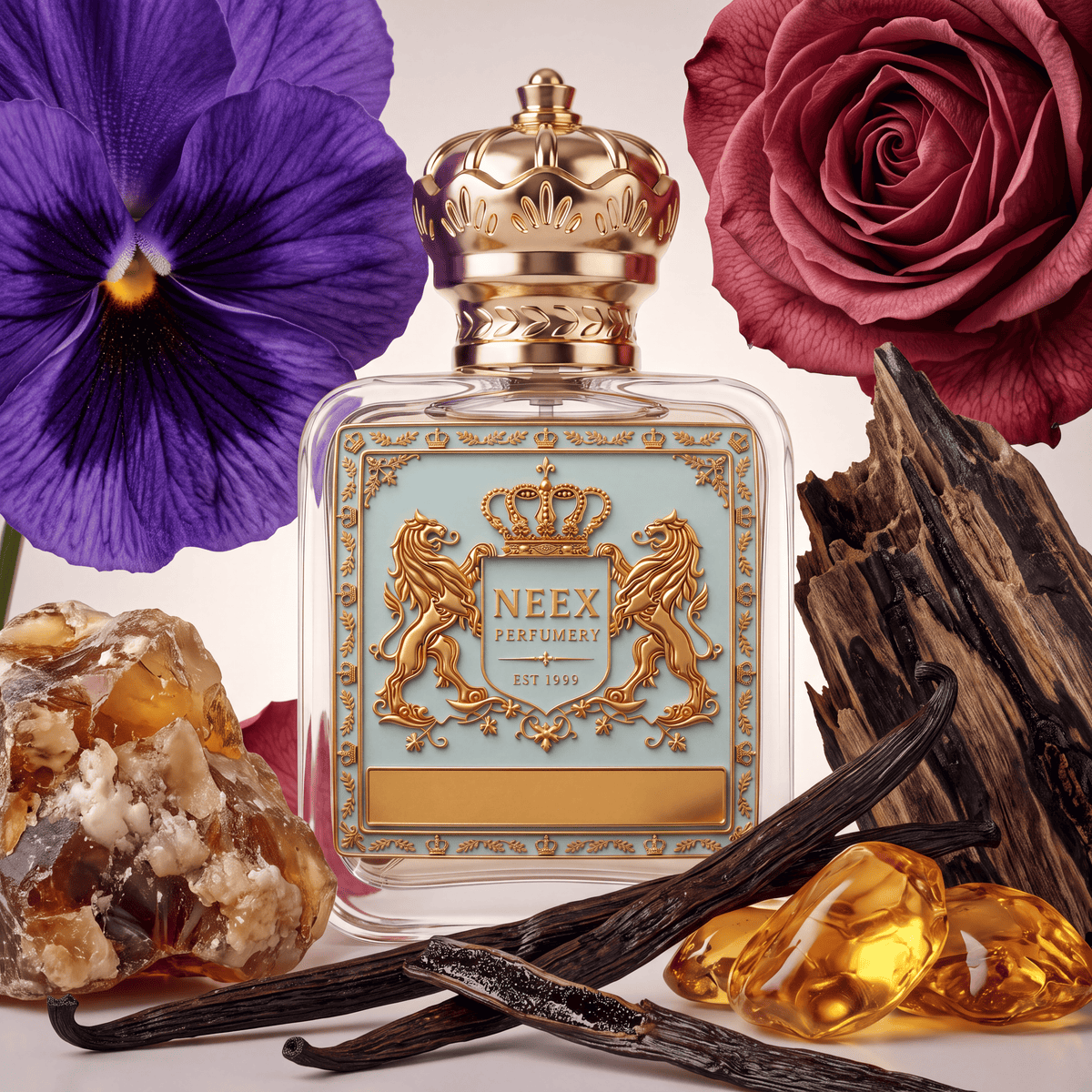 Neex Perfumery fragrance bottle with a light duck-egg blue crest label, styled in an ingredient flat-lay framed by a vibrant purple violet blossom, a deep crimson rose, dark textured agarwood (oud), split black vanilla pods, polished golden amber stones, and raw mineral quartz crystals.