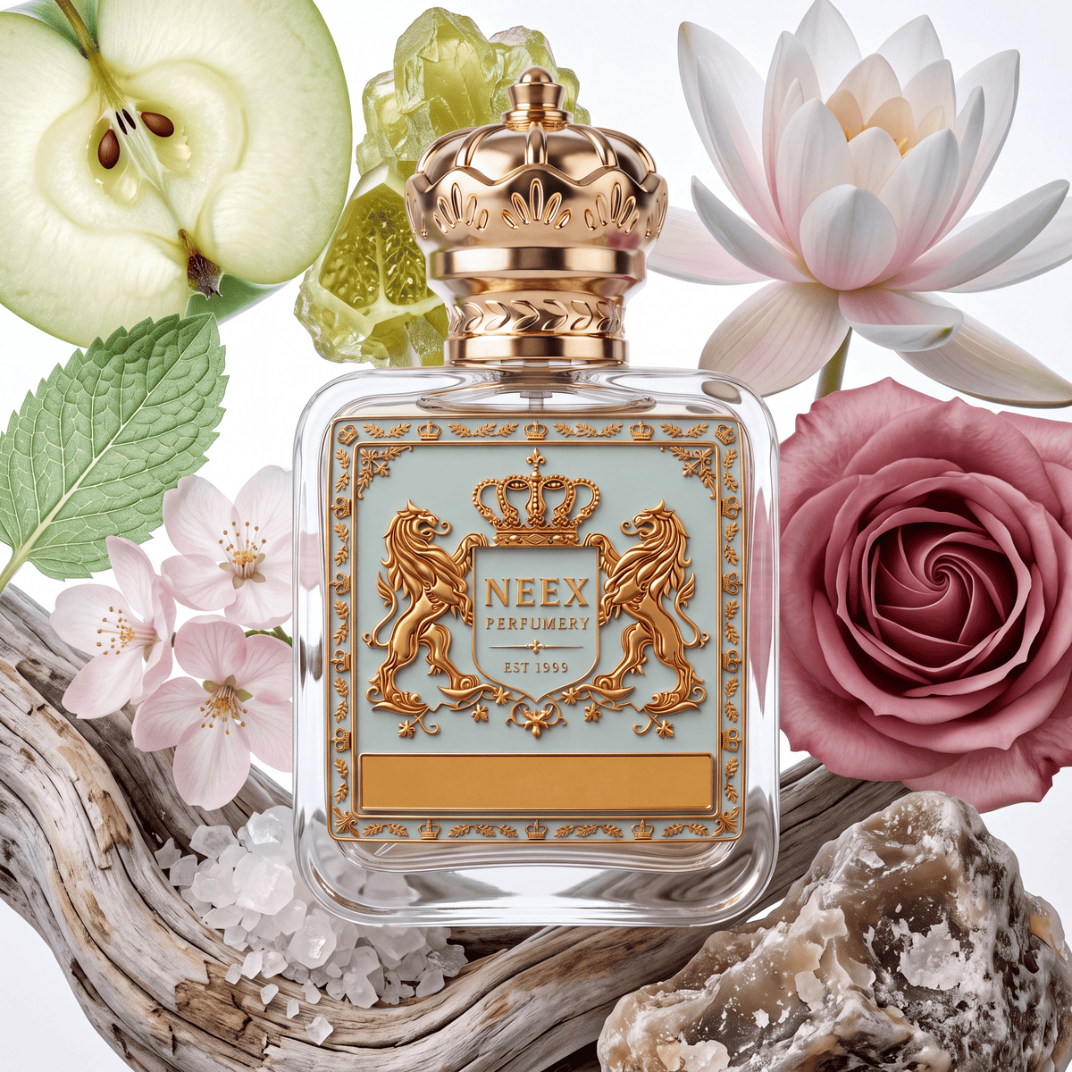 Neex Perfumery perfume bottle featuring an ornate gold crown cap and a light pastel blue crest label with gold metallic heraldry, surrounded by a sliced green apple, bergamot rind, mint leaves, delicate pink cherry blossoms, a white lotus flower, a blooming dusty pink rose, weathered wood, coarse sea salt crystals, and rough coastal rock.