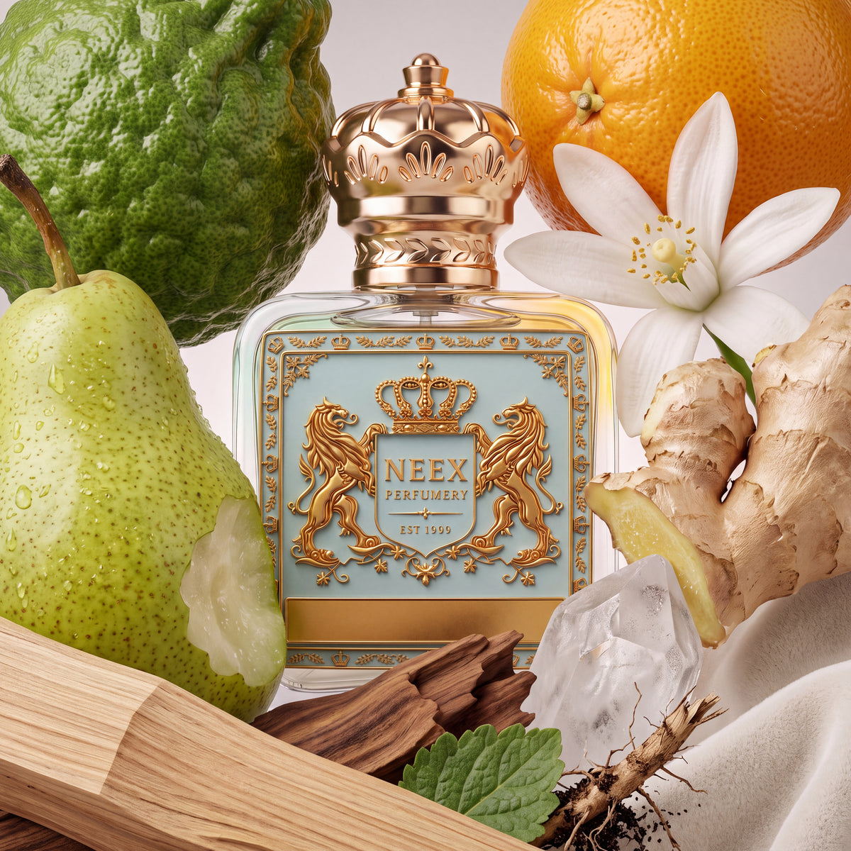 Neex Perfumery perfume bottle featuring an ornate gold crown cap and light pastel blue crest label with gold metallic detailing, presented in a rich flat-lay arrangement with a dew-kissed green pear, fresh bergamot, whole orange, white citrus blossom, ginger root, clear quartz crystal, green leaves, and natural wood logs resting on soft draped white fabric.