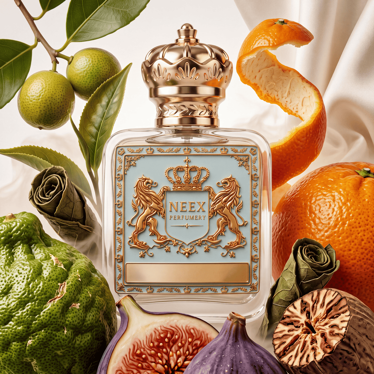 Neex Perfumery perfume bottle featuring an ornate gold crown cap and light duck-egg blue crest label, surrounded by a flat-lay composition of fresh bergamot, sliced ripe figs, orange peel, nutmeg, and green tea leaves set against soft draped white fabric.