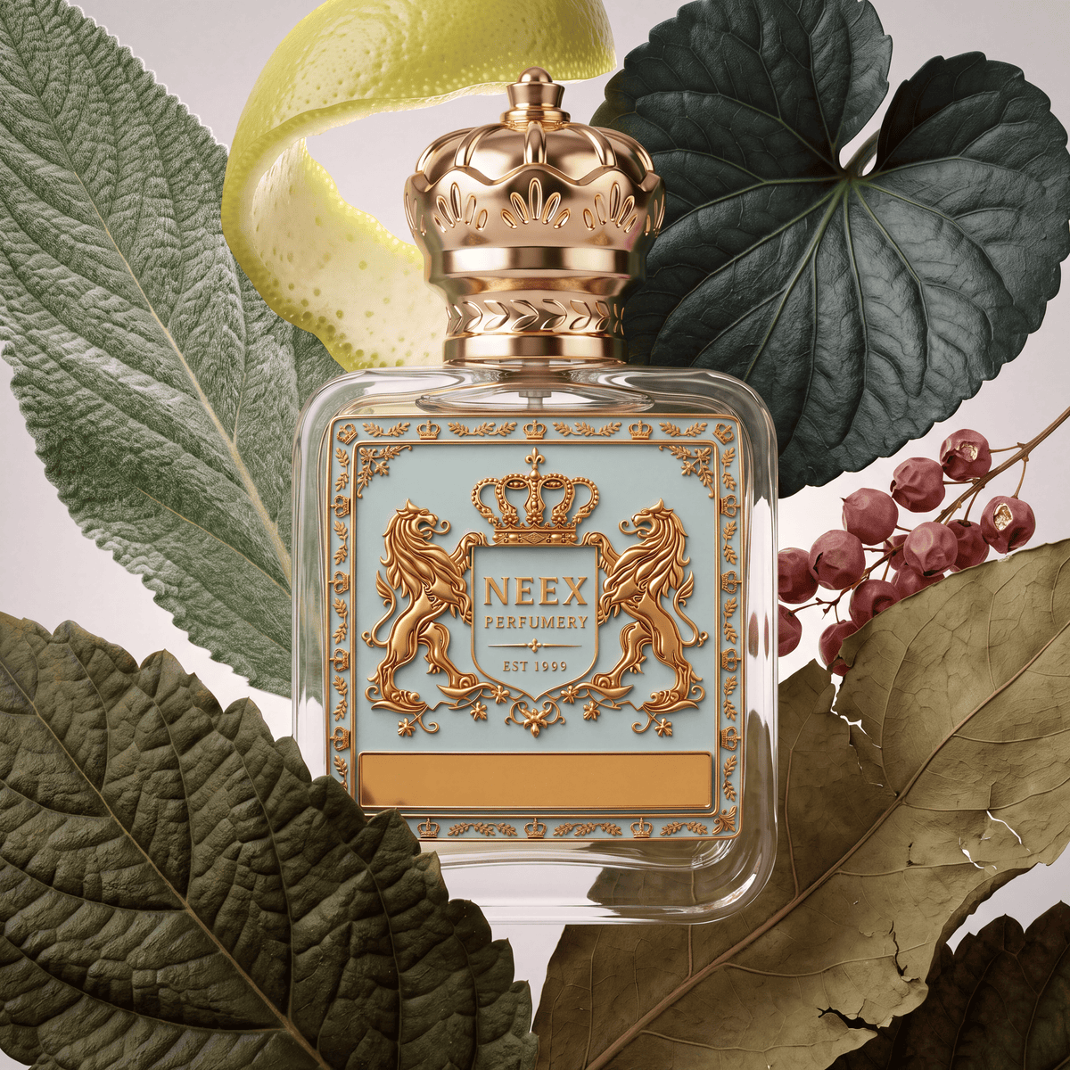 Neex Perfumery perfume bottle featuring an ornate gold crown cap and a light pastel blue crest label with gold metallic detailing, surrounded by textured sage leaves, a spiraled yellow citrus peel twist, dark moody green foliage, a branch of pink berries, and dried autumn leaves over a soft neutral background.   