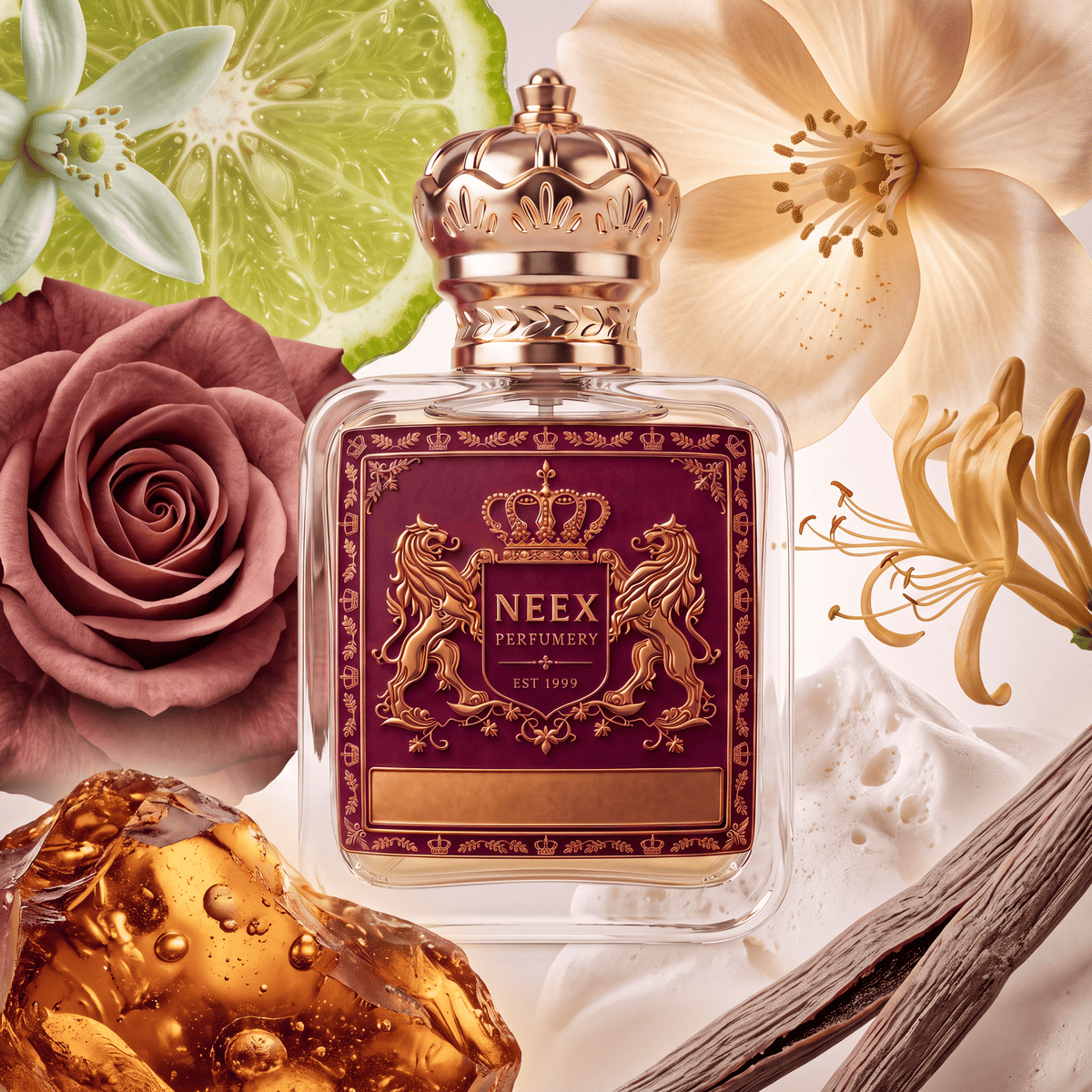 Neex Perfumery perfume bottle featuring an ornate gold crown cap and a deep burgundy/maroon crest label with gold metallic detailing, surrounded by rich accord notes including a dusty mauve-pink rose, a slice of fresh lime with white blossoms, a large pale yellow or cream flower, delicate honeysuckle blossoms, a glowing chunk of golden amber resin, a dried vanilla bean pod, and soft musk elements.   