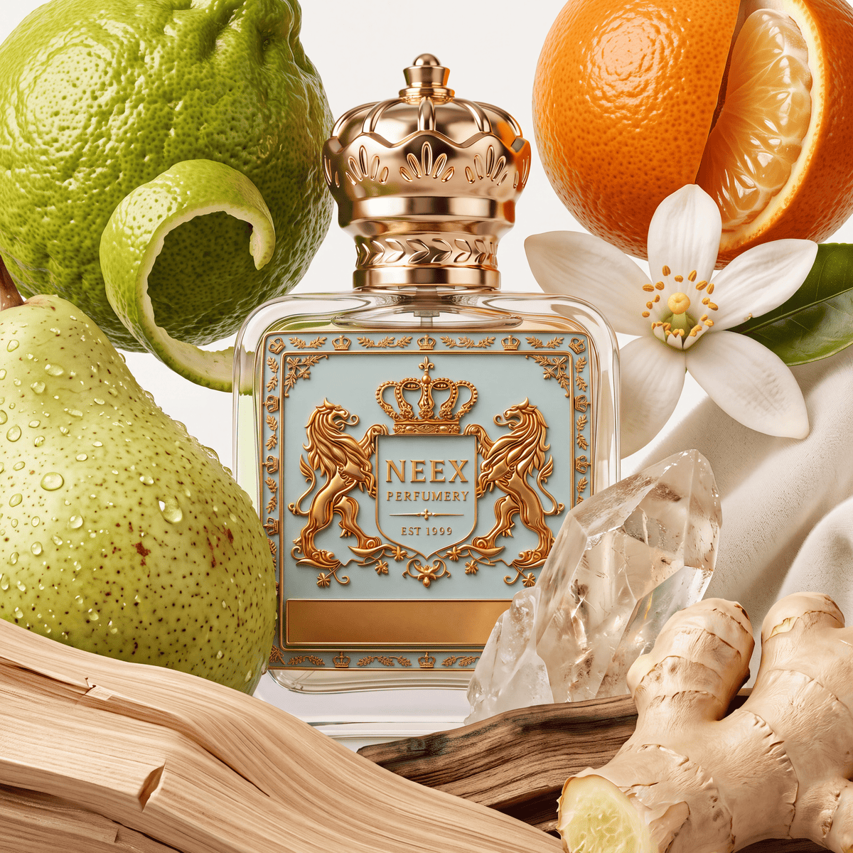Neex Perfumery perfume bottle featuring an ornate gold crown cap and light pastel blue crest label with gold metallic detailing, presented in a vibrant flat-lay arrangement with a dew-kissed green pear, sliced ripe orange, whole bergamot with a peel twist, white citrus blossom, clear quartz crystal point, fresh ginger root, and natural wood logs resting on soft white fabric.