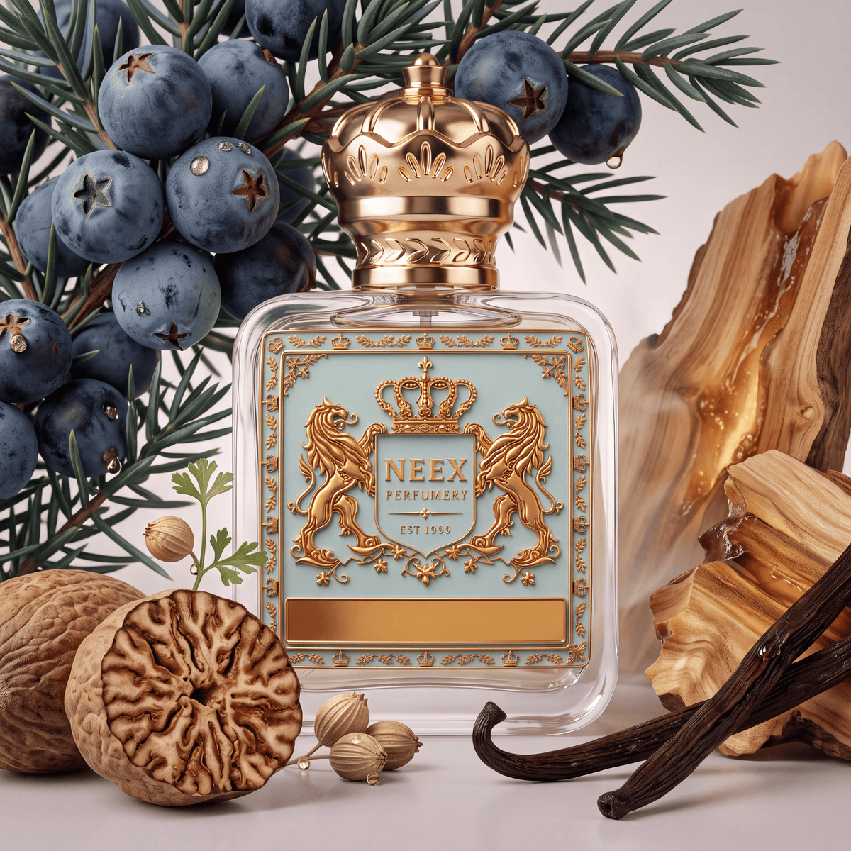 Neex Perfumery perfume bottle with a light duck-egg blue crest label, styled in an ingredient flat-lay featuring a pine branch with blue juniper berries, whole and halved nutmegs, coriander seeds, vanilla pods, and polished aromatic wood blocks.   