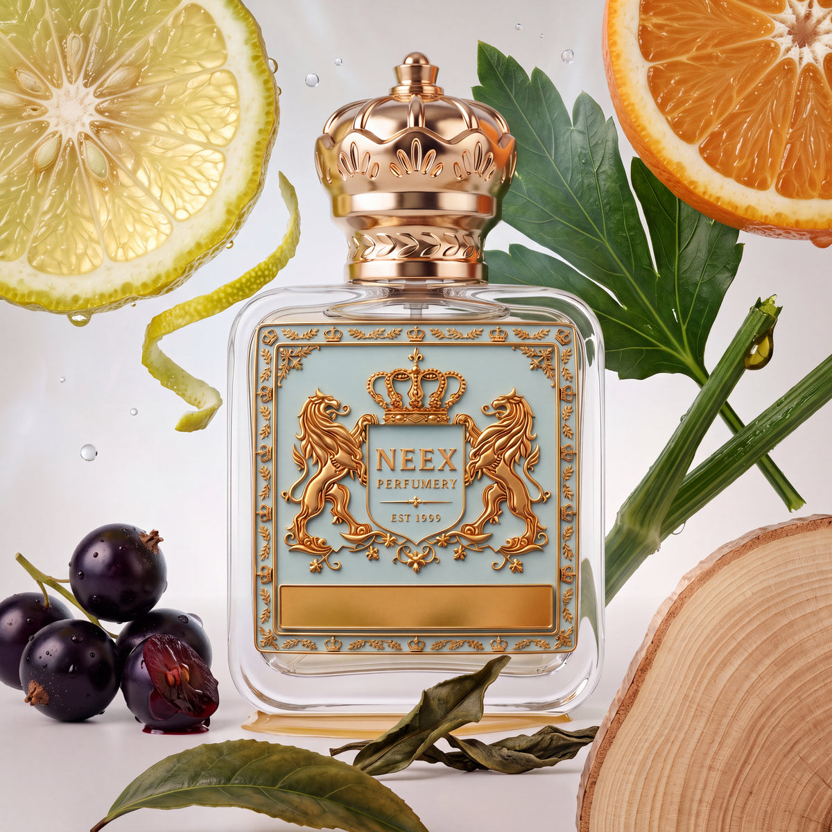 Neex Perfumery fragrance bottle with a light duck-egg blue crest label, styled in an ingredient flat-lay surrounded by a large slice of yellow lemon, a slice of orange, fresh green leaves, galbanum stems, dark blackcurrants, dried tea leaves, and a slice of natural wood log.