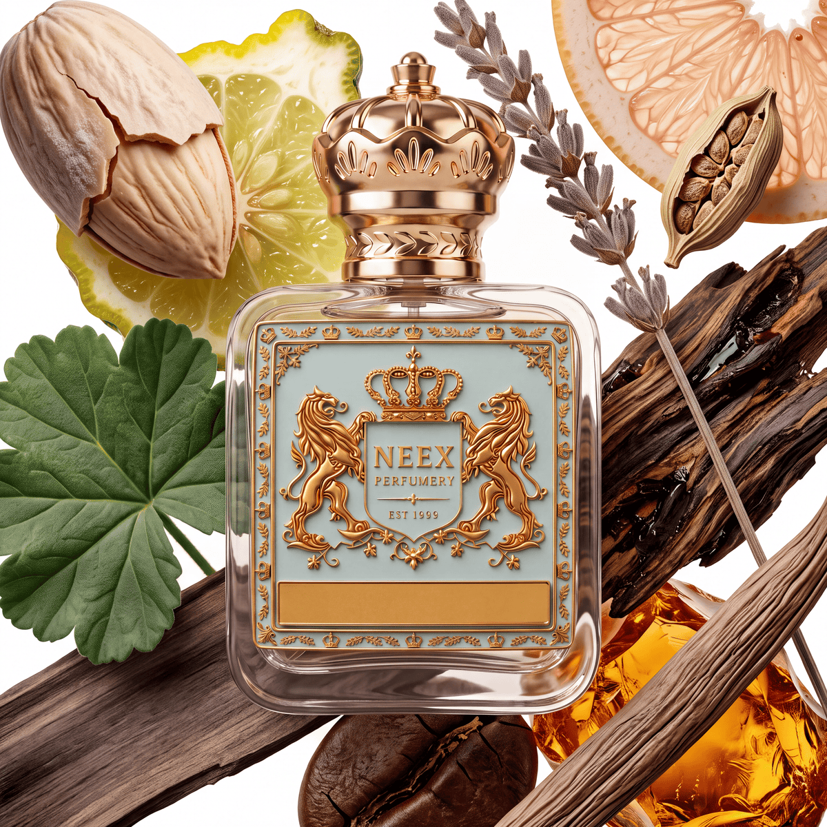 Neex Perfumery perfume bottle featuring an ornate gold crown cap and a light pastel blue crest label with gold metallic detailing, framed by natural ingredients including a cracked whole nutmeg or almond shell, a slice of bergamot/citrus, a plush green leaf, roasted coffee beans, rich amber resin, dried aromatic wood branches, a lavender sprig, a cardamom pod, and a slice of pink grapefruit.   