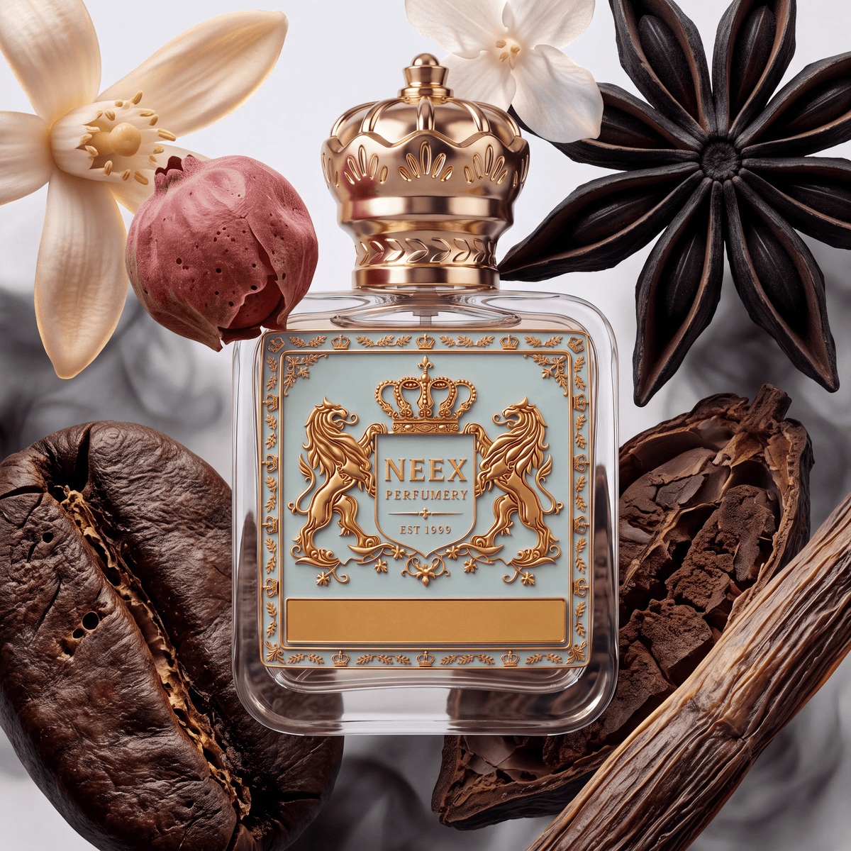 Neex Perfumery perfume bottle featuring an ornate gold crown cap and a light pastel blue crest label with gold metallic heraldry, compositionally styled alongside creamy white blossom petals, a dried pink floral bud, a large roasted coffee bean, whole star anise, aromatic cinnamon sticks, and rich cocoa pod fragments against a backdrop of soft grey smoke.