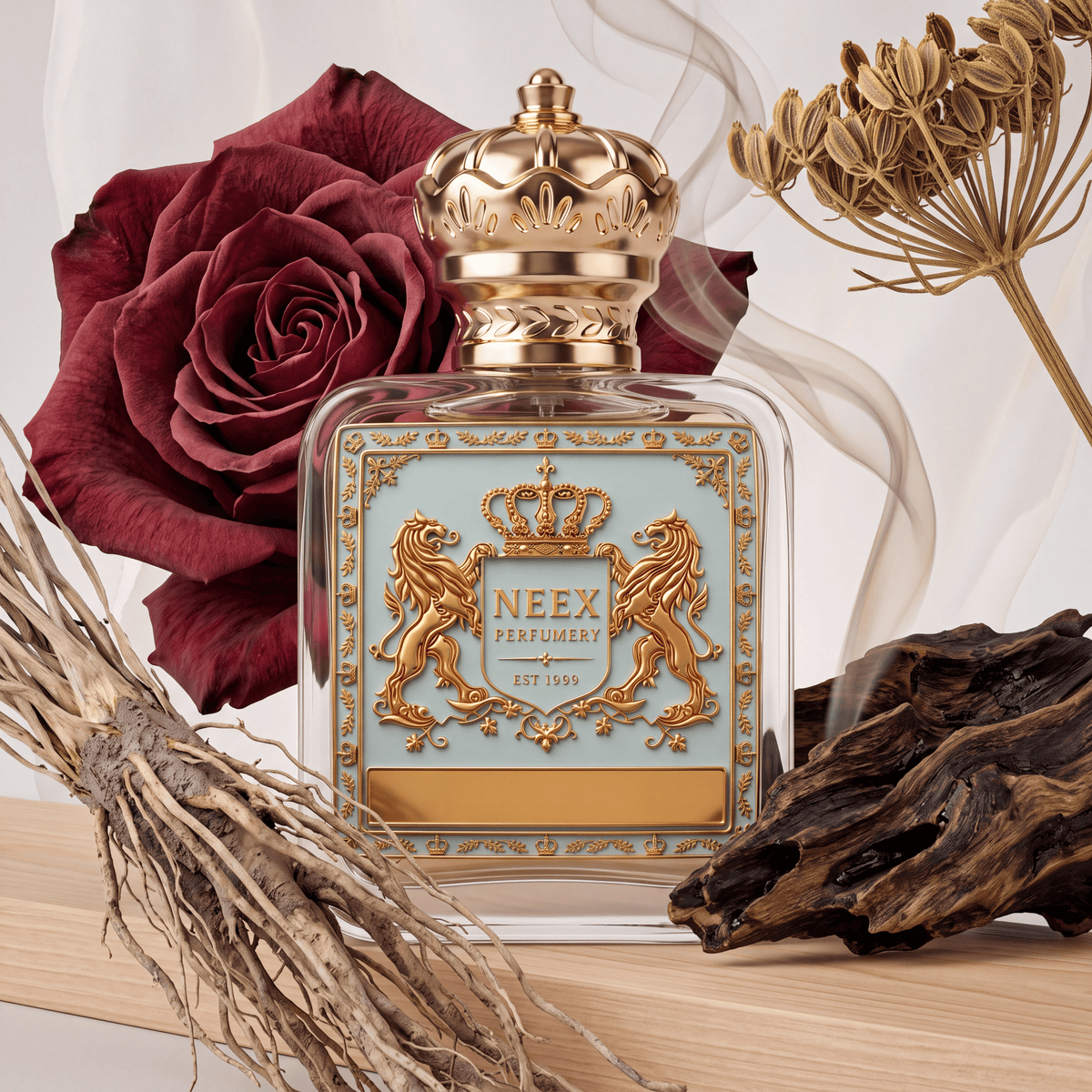 Neex Perfumery perfume bottle featuring an ornate gold crown cap and a light pastel blue crest label with gold metallic detailing, surrounded by a deep red rose, vetiver roots, dark weathered wood, dried umbel seed heads, and faint swirls of smoke on light wood.