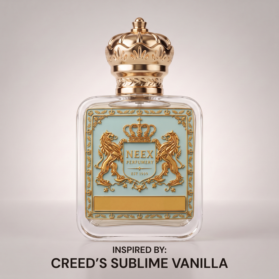 Neex Perfumery perfume bottle featuring a gold crown cap and light duck-egg blue crest label, displayed against a clean, neutral studio background with text below indicating it is inspired by Creed's Sublime Vanille.