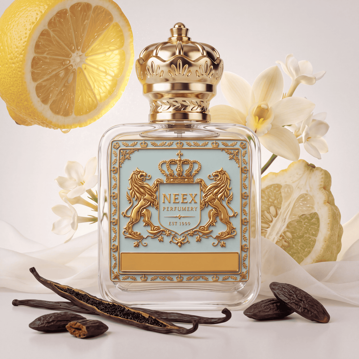 Neex Perfumery fragrance bottle with a light duck-egg blue crest label, styled in an ingredient flat-lay surrounded by a large lemon slice, white vanilla orchid blossoms, open vanilla pods showing black seeds, whole tonka beans, white jasmine flowers, bergamot rind, and soft white silk fabric.   