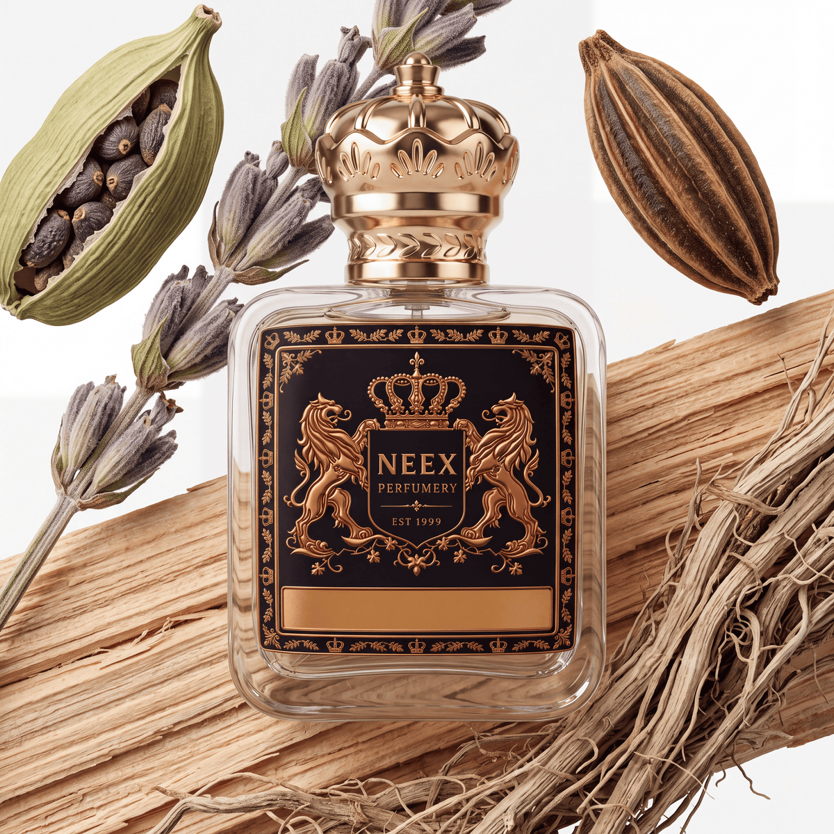 Neex Perfumery perfume bottle topped with an ornate gold crown cap and featuring a black crest label with gold metallic heraldry, resting on splinters of light wood and fine vetiver roots, framed by an open green cardamom pod with dark seeds, dried lavender stems, and a whole brown cardamom pod.