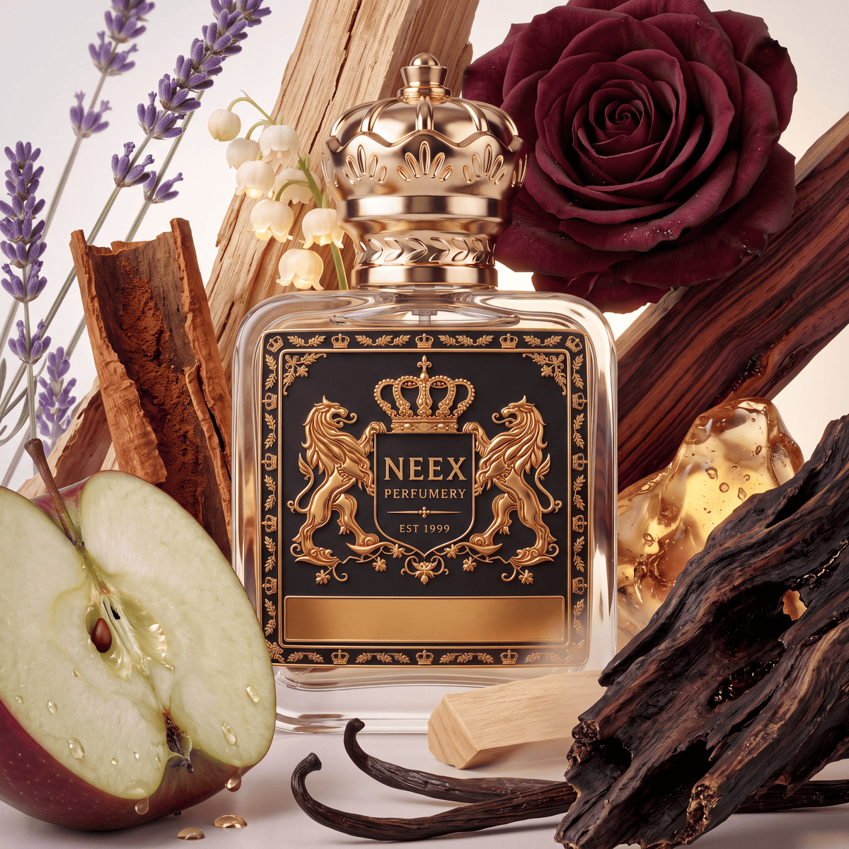 Neex Perfumery fragrance bottle with a black crest label, styled in an ingredient flat-lay featuring a sliced crisp red apple, cinnamon sticks, lavender sprigs, delicate lily of the valley, a deep red rose, sandalwood blocks, vanilla pods, amber resin, and dark oud wood.