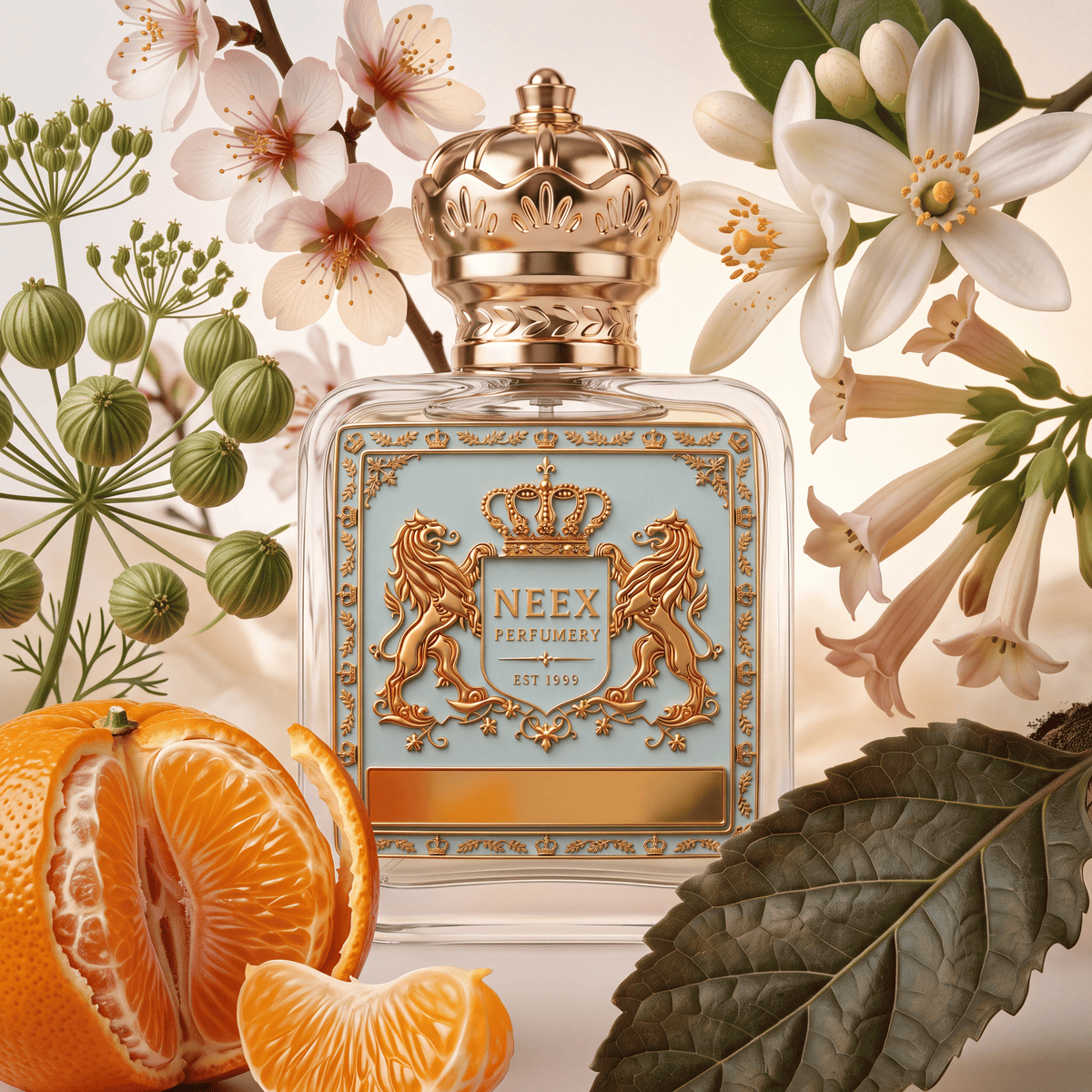 Neex Perfumery fragrance bottle featuring a light duck-egg blue crest label, styled in an ingredient composition with a freshly peeled mandarin orange, orange blossom, delicate pink cherry blossoms, coriander pods, and a deep green leaf.   