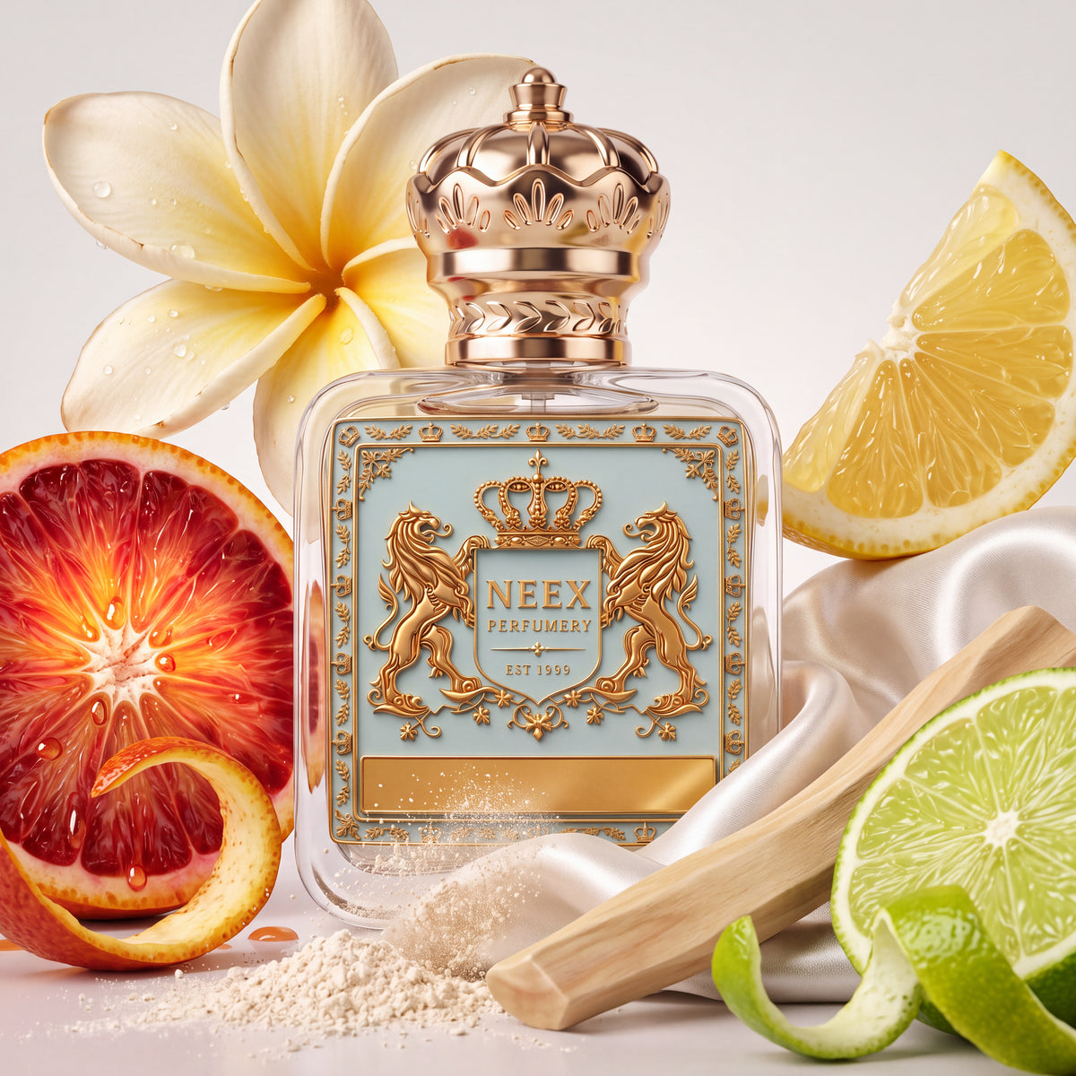 Neex Perfumery fragrance bottle styled in an ingredient flat-lay surrounded by a large white frangipani flower, a juicy sliced blood orange with peeled citrus skin, a fresh lemon wedge, a lime slice with green zest spirals, smooth wood shavings, and fine fragrant powder on draped white silk fabric.