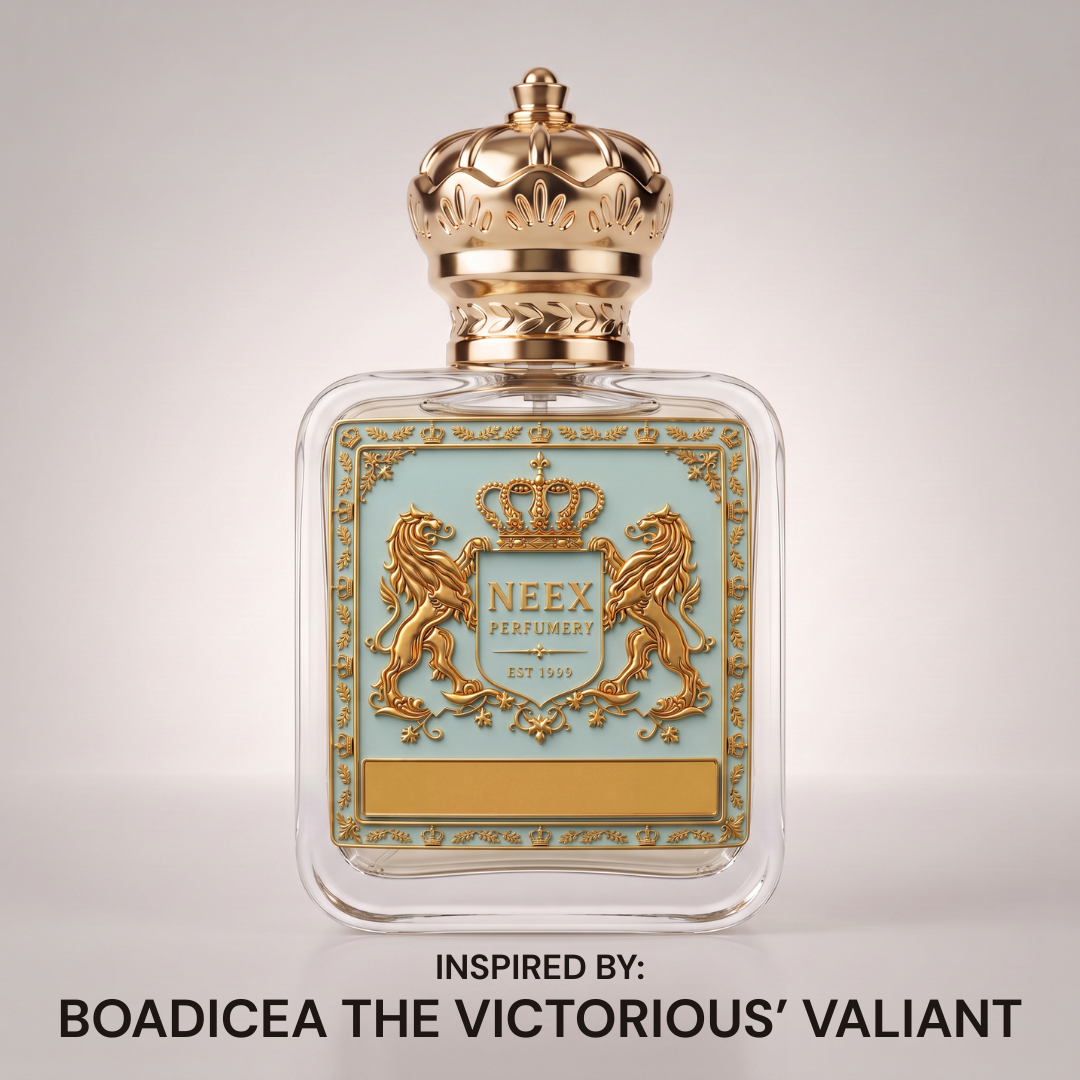 Front view of NEEX Stay Close perfume bottle featuring a gold dual-lion crest, metallic crown cap, and filigree border against a neutral studio background.